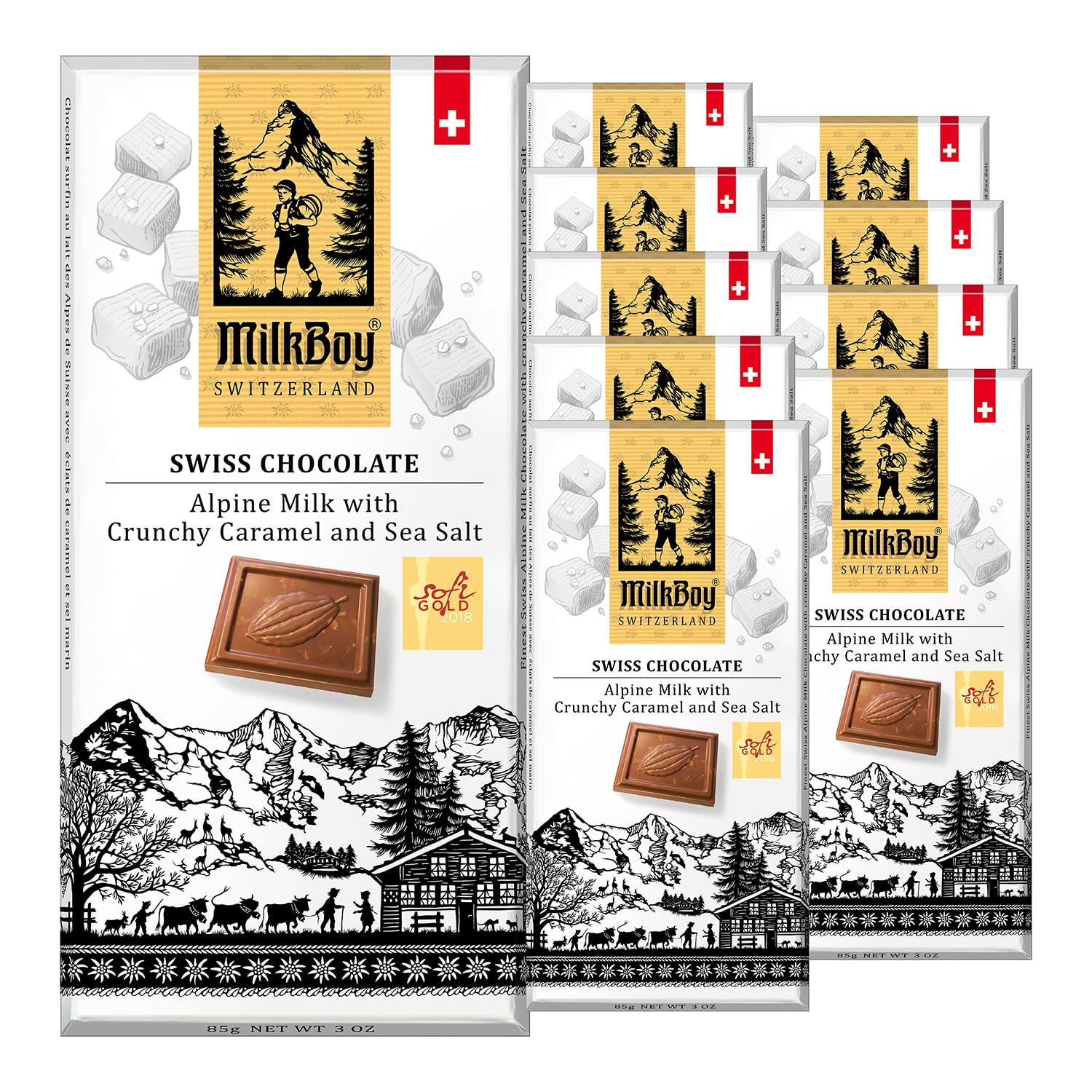 Milkboy Swiss Chocolates Milk Chocolate Bars, Gluten-Free, Non-GMO, 3 oz Pack of 10, Crunchy Caramel Sea Salt, Chocolate