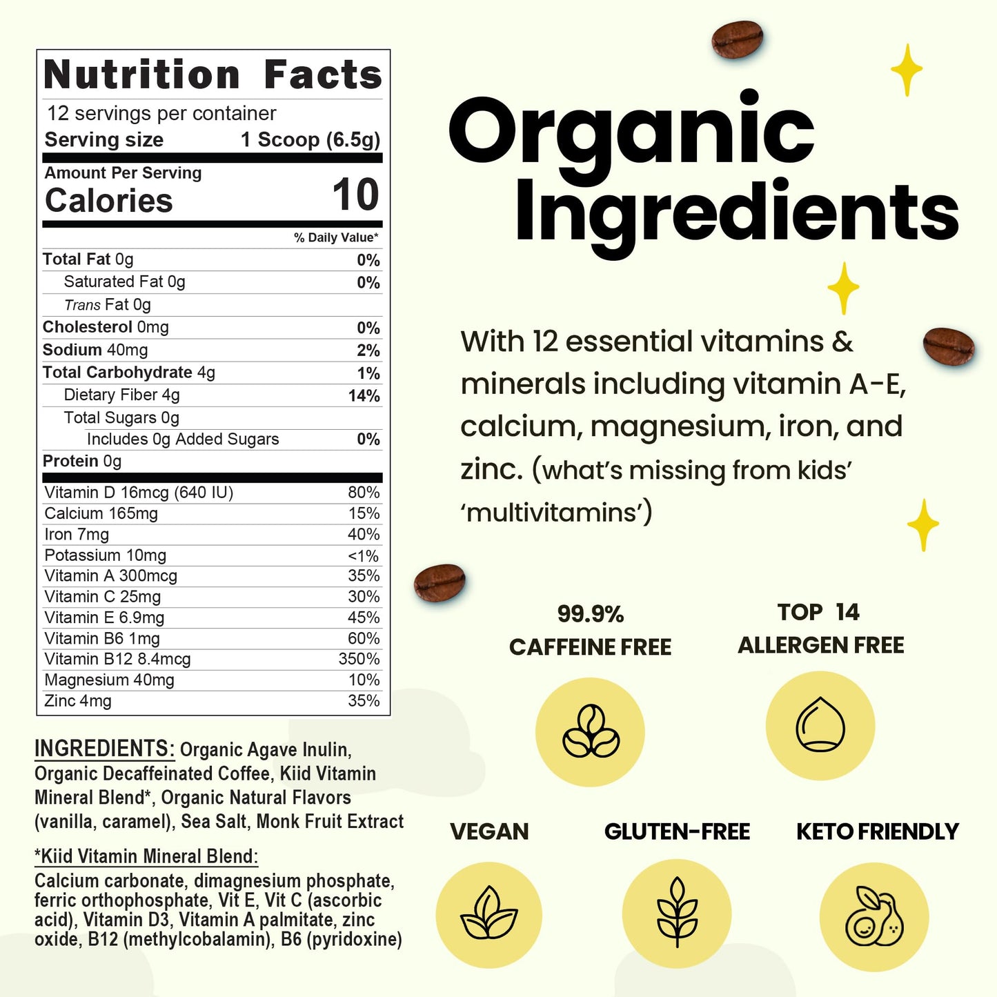 kiid Coffee - Caffeine-Free Organic Coffee for Kids - 12 Servings, 12 Vitamins & Minerals, Gluten-Free, Caramel Flavor