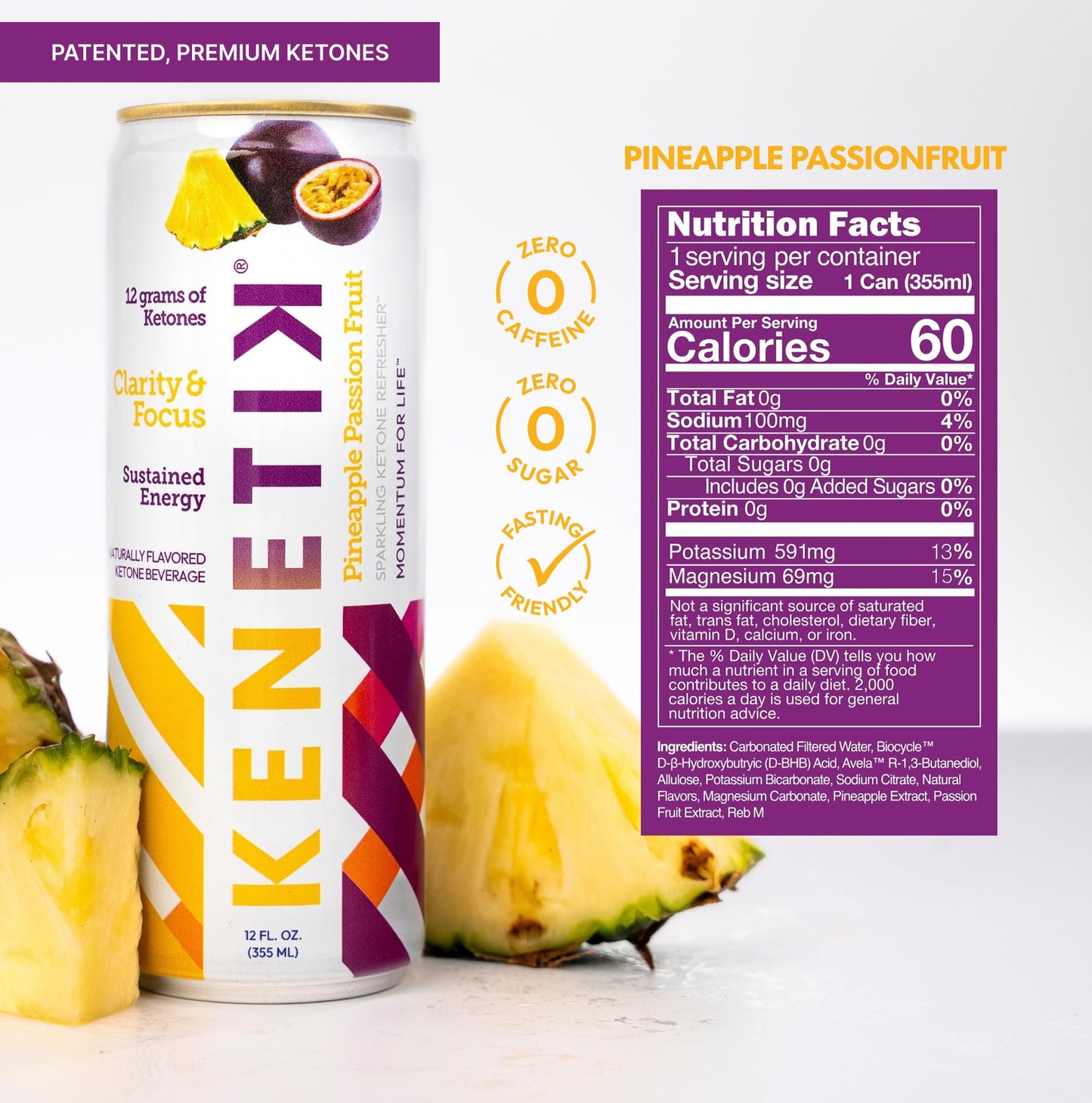 Kenetik Nootropic Ketone Drink, Sugar Free, Caffeine Free, 12 Fl Oz (Pack of 12), Pineapple Passionfruit