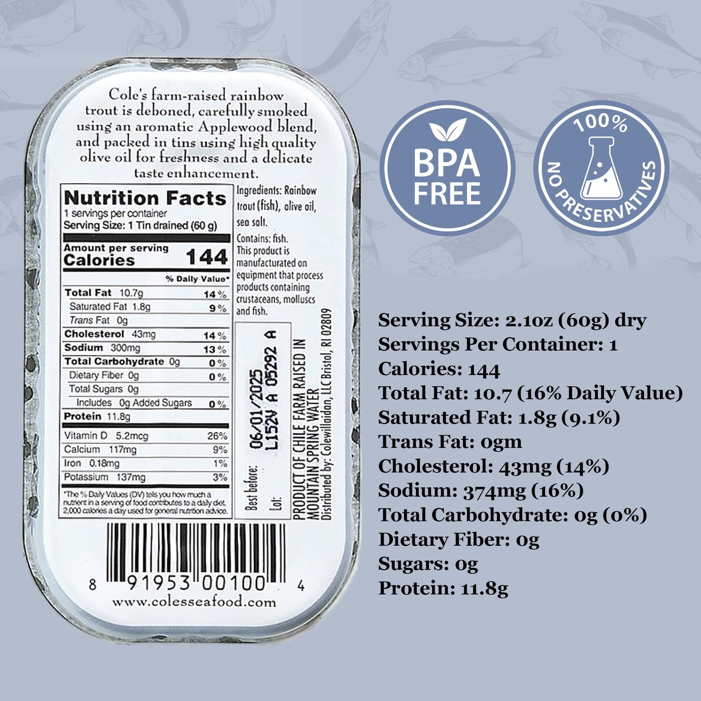 Coles Smoked Trout Fillet in Olive Oil, 3.2oz Canned Fish, High Protein, Pack of 10