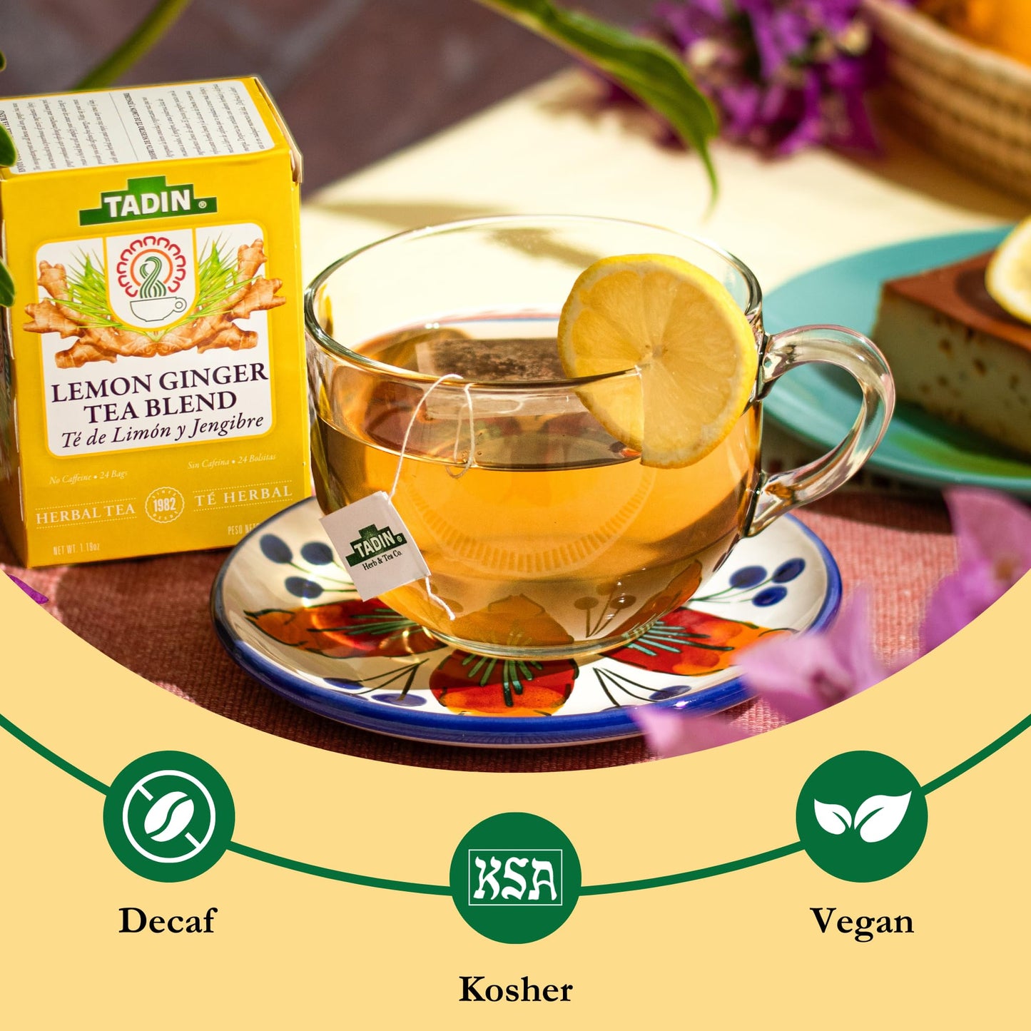 Tadin Lemon Ginger Herbal Tea, Caffeine Free, 24 Bags, Pack of 6