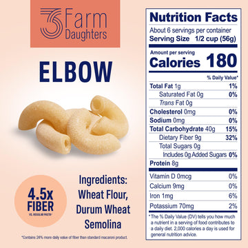 Three Farm Daughters High Fiber Elbow Macaroni Pasta Pack, Low Gi, Non Gmo Elbow Pasta Noodles, Low Net Carb, Made In The Usa, 1