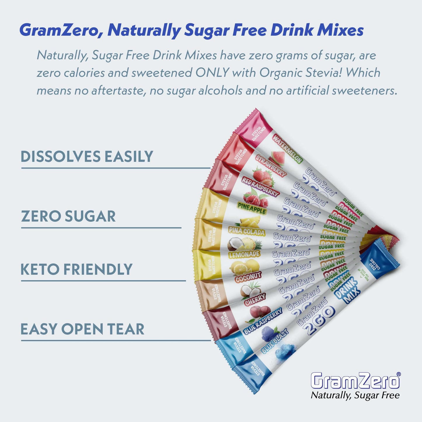 Gramzero 2Go Sticks - Variety Pack, Zero Calorie Sugar Free Drink Mix, Stevia Sweetened, Great For Nutrition Club Loaded Tea To