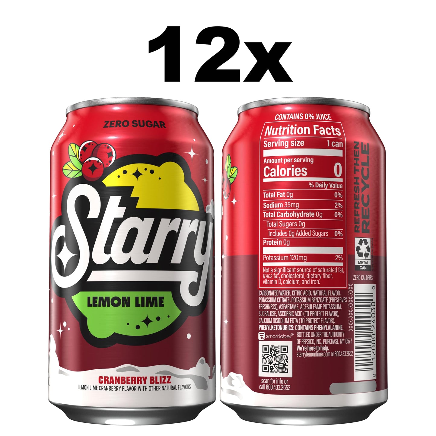 Starry Zero Sugar Cranberry Blizz Soda  Caffeine Free  12 Fl Oz Cans (Pack of 12)
