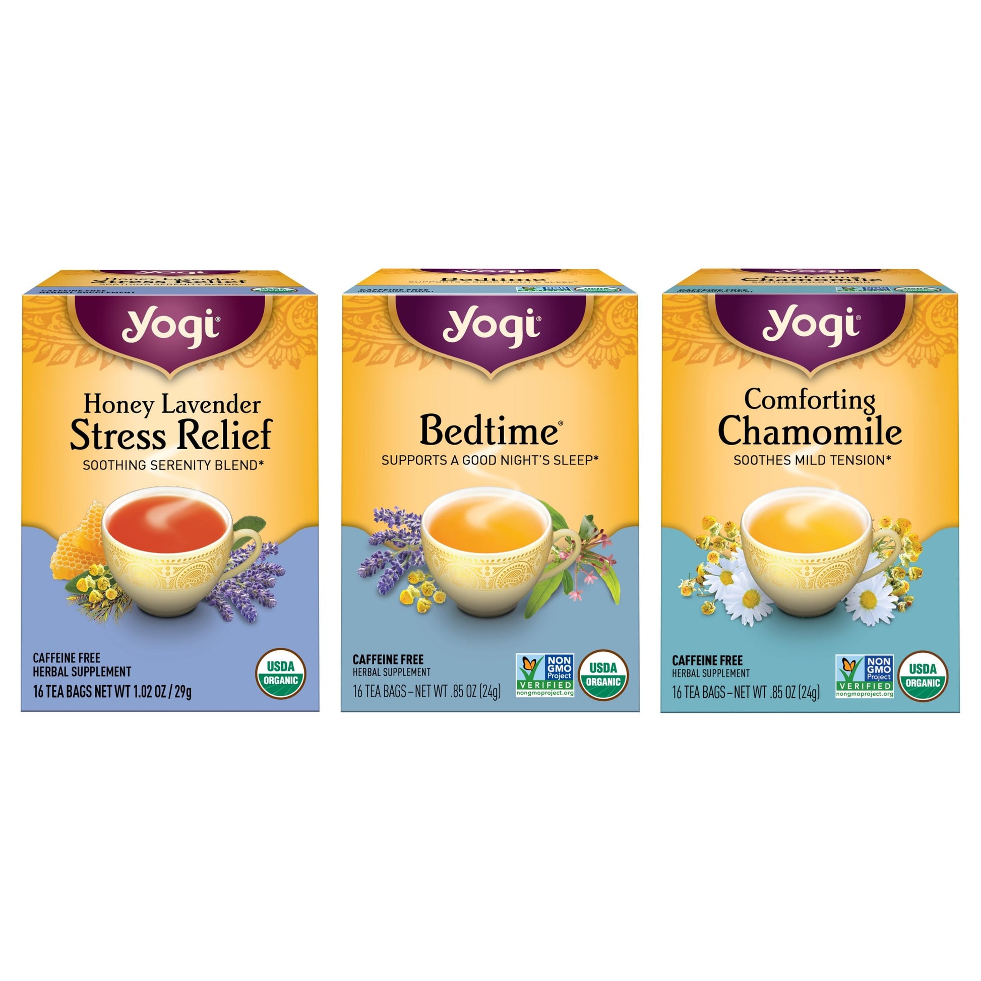 Yogi Tea Relaxation & Stress Relief Tea Variety Pack - 16 Tea Bags x 3 Packs - Honey Lavender, Bedtime & Chamomile Teas