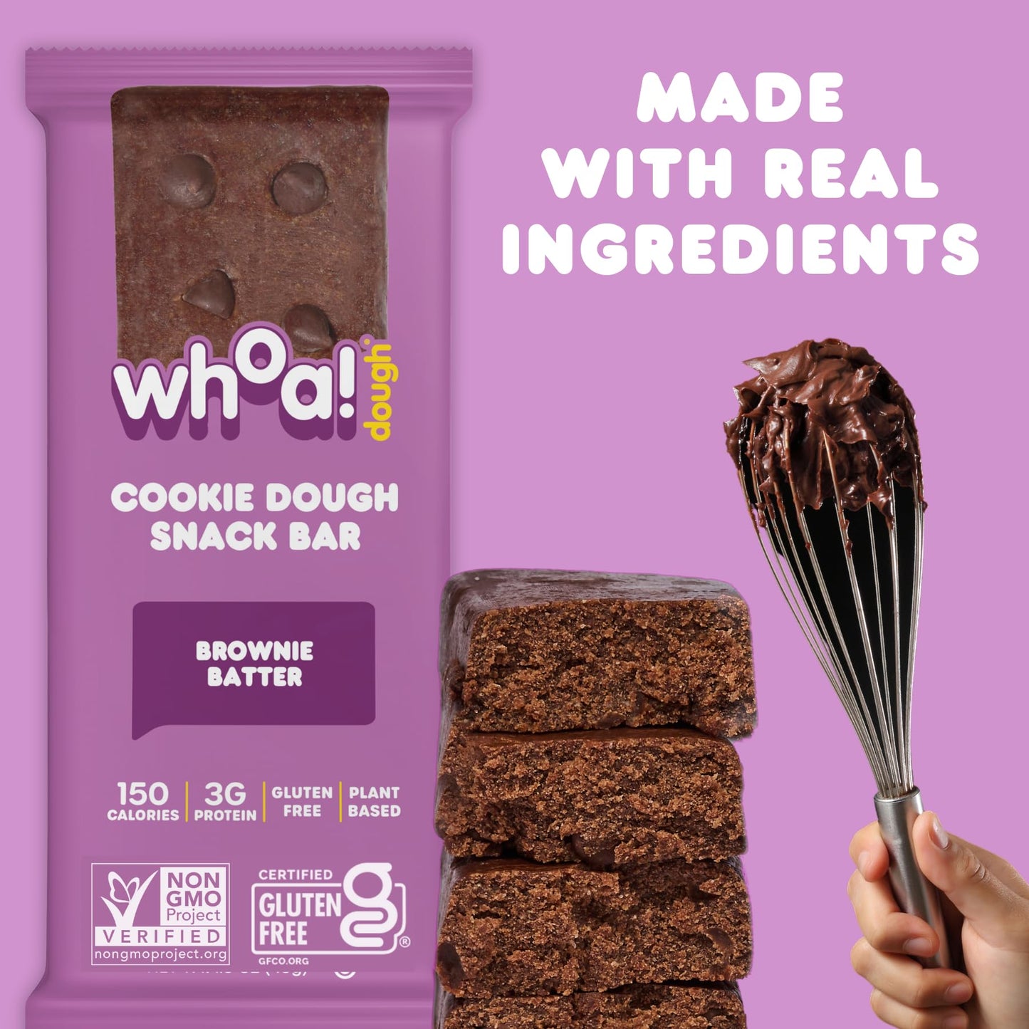Whoa Dough Edible Cookie Dough Bars- Certified Non-Gmo, Kosher And Gluten Free Bars - Healthy Snack Foods - Plant Based Snacks Made With Real Ingredients - Brownie Batter Cookie Dough - 4 Pack