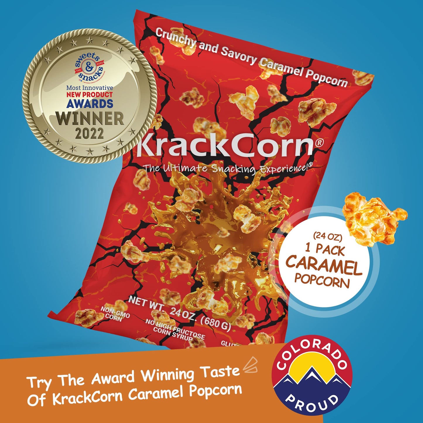 Krackcorn Caramel Popcorn - Sweet And Salty Gourmet Snack - Gluten-Free, Non-Gmo Caramel - Delicious Flavored Popcorn Treat For