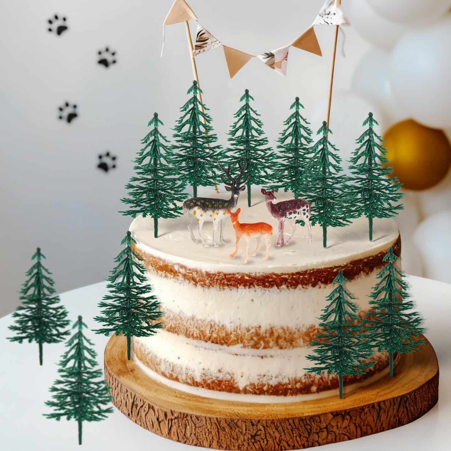 Hooqict 15Pcs Deer Christmas Tree Cake Topper With Tree Deer Figurines Hunting Cake Decorations For Winter Forest Woodland Birthday Party Supplies Animals Christmas Decorations