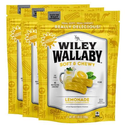 Wiley Wallaby Licorice 7.05 Ounce Classic Gourmet Soft & Chewy Australian Lemonade Licorice Candy Twists, 3 Pack
