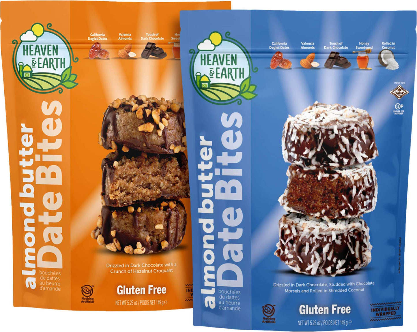 Heaven & Earth Gluten Free Chocolate Covered Almond Butter Date Bite Truffles, 5.25oz (2 Pack Variety), All Natural, Individuall