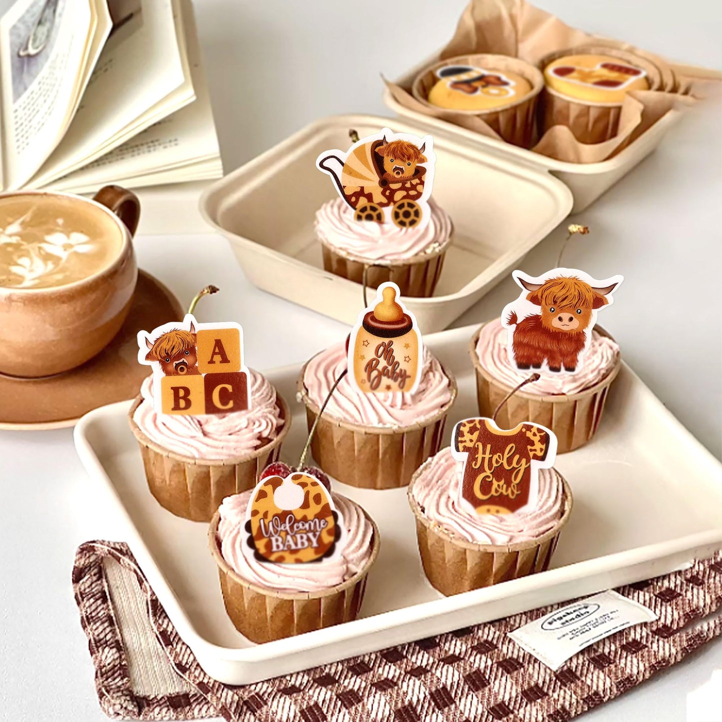 Cyodoos Edible 40Pcs Highland Cow Cupcake Toppers Farm Animals Cupcake Picks Highland Cow Theme Baby Shower Kids Birthday Party