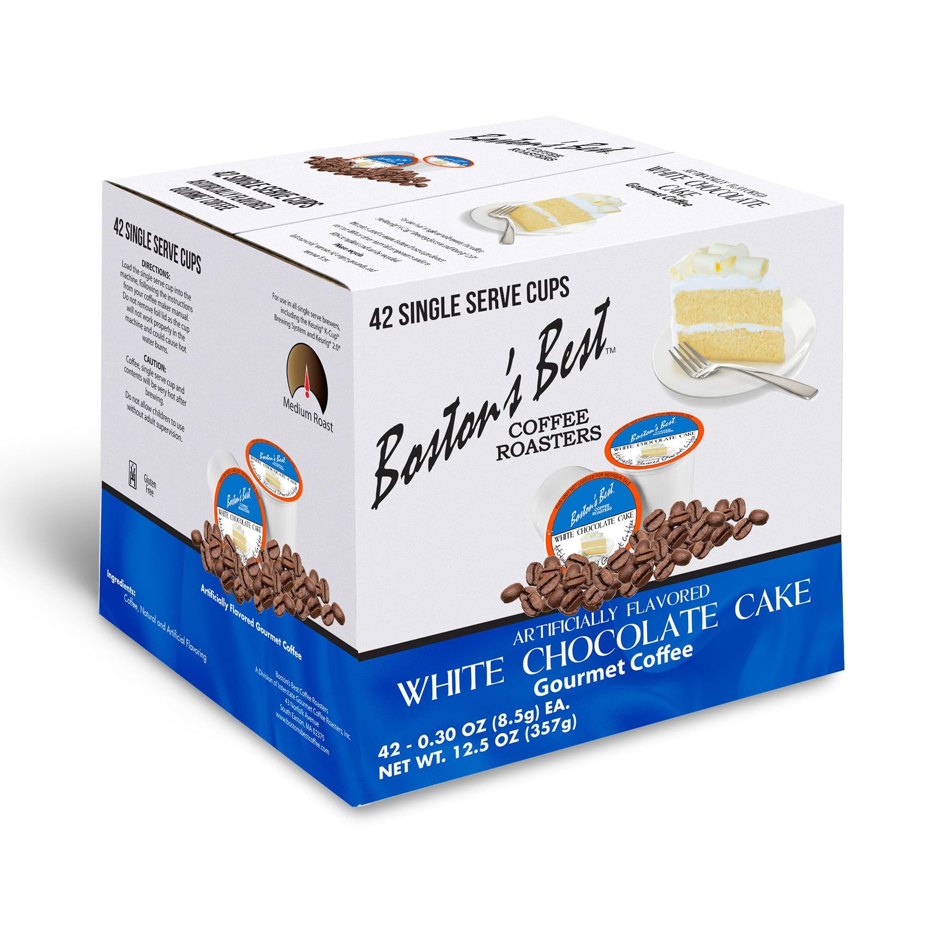 Bostons Best Gourmet Coffee - White Chocolate Cake Flavor, Medium Roast, 42 Single Serve Cups