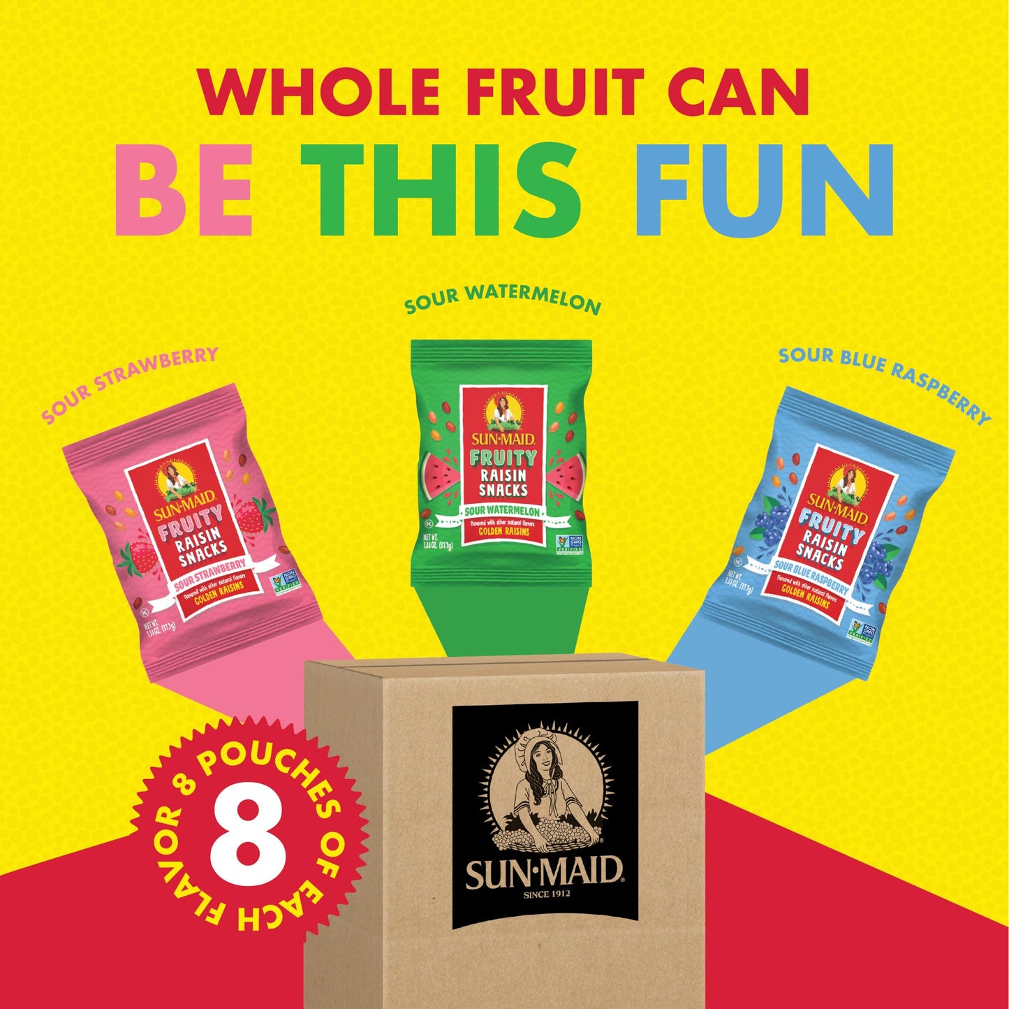 Sun-Maid Fruity Raisin Snack Variety Pack - Sour Strawberry, Watermelon & Blue Raspberry - 24 Pack (1.33 oz Pouches)