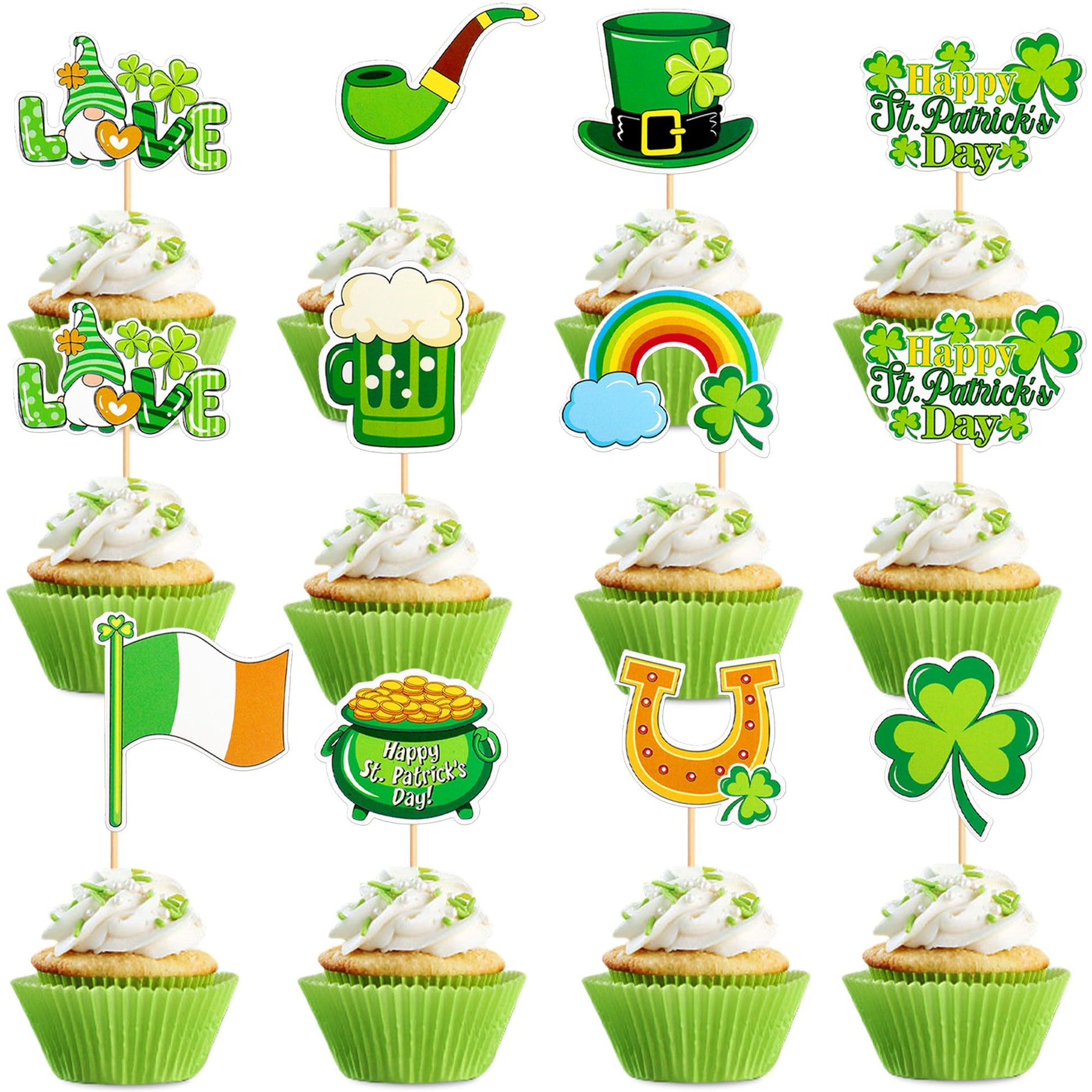 Ercadio 30 Pack Happy St Patrick's Day Cupcake Toppers Glitter Four Leaf Clover Shamrock Cupcake Picks Green Hat Cupcake Toppers