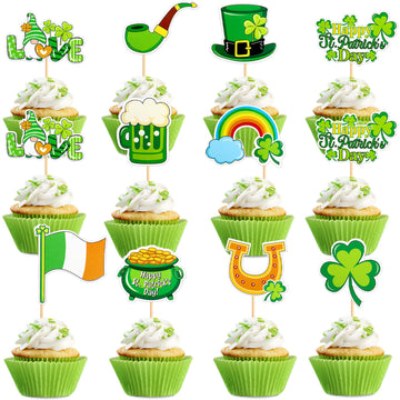 Ercadio 30 Pack Happy St Patrick's Day Cupcake Toppers Glitter Four Leaf Clover Shamrock Cupcake Picks Green Hat Cupcake Toppers