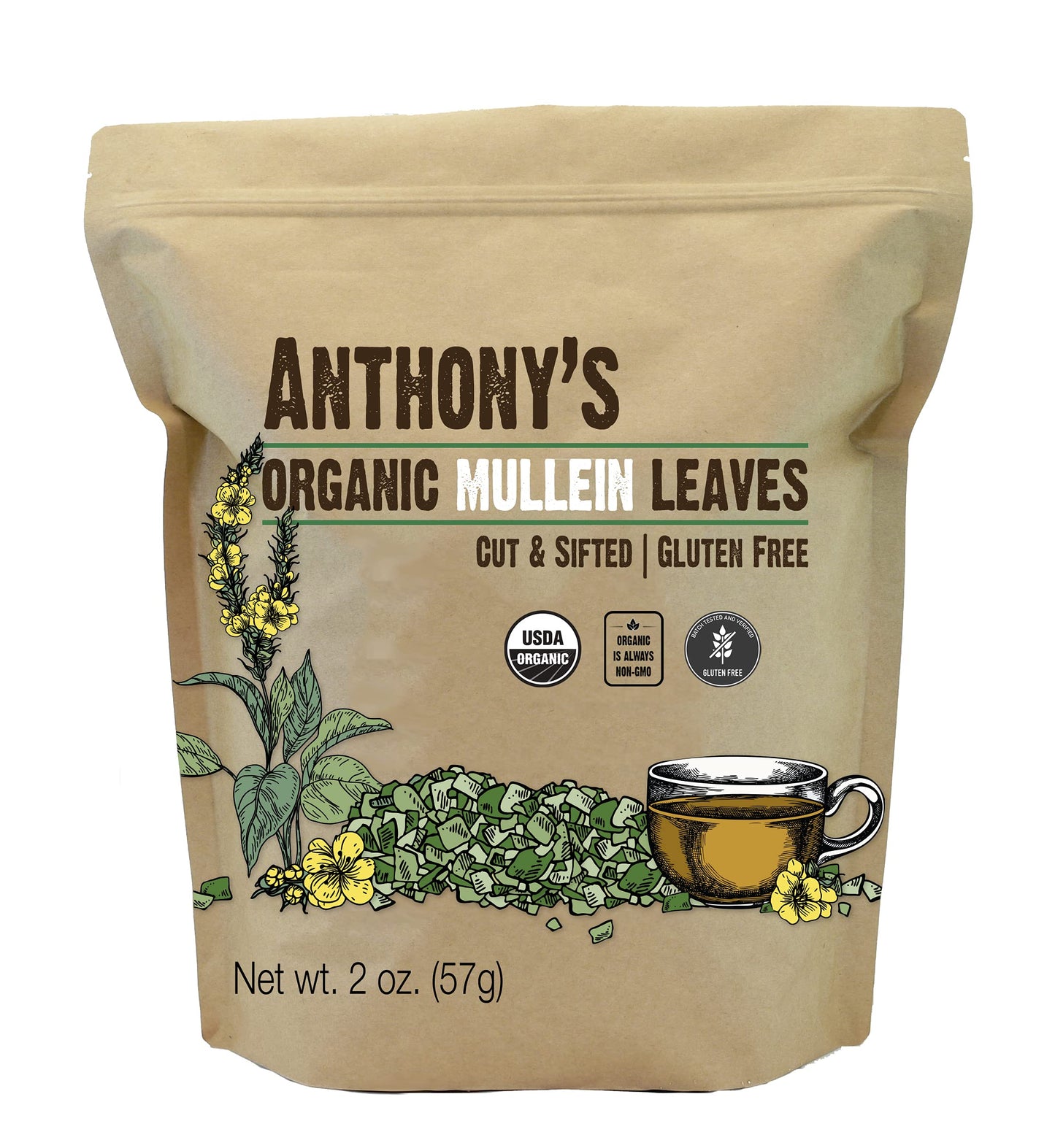 Anthonys Organic Mullein Leaves  2 oz  Cut and Sifted  Gluten Free