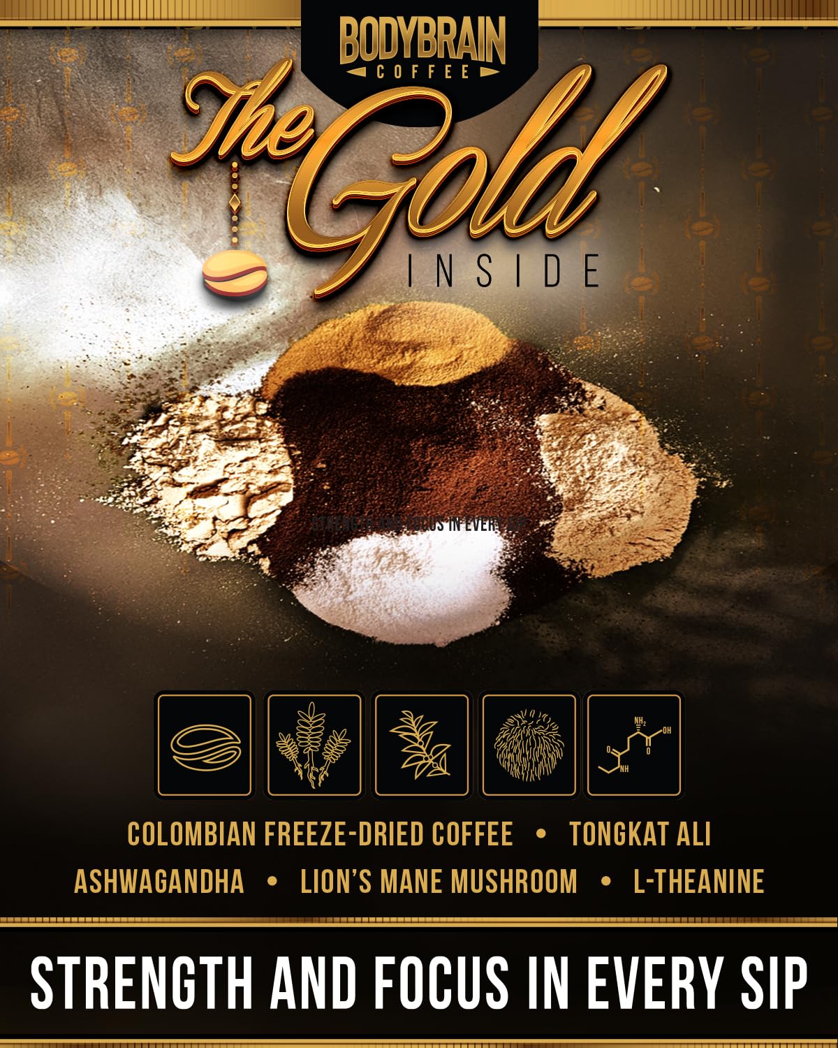 BodyBrain Coffee -   Boosting Mushroom Coffee with Tongkat Ali  Ashwagandha  Lions Mane  & L-Theanine | Freeze Dried Instant Colombian Nootropic Coffee for Energy  Focus & Vitality | 30 Sachets