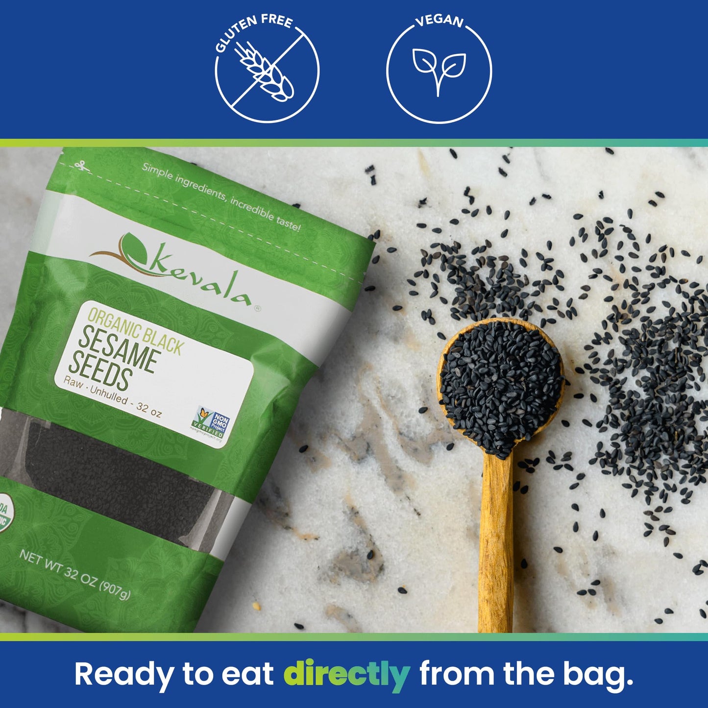 Kevala Organic Raw Black Sesame Seeds – Unhulled Sesame Seeds, Gluten Free Black Seeds, Kosher, Non-Gmo, Vegan Sesame Seeds, Bag, 32 Oz, 2 Lb