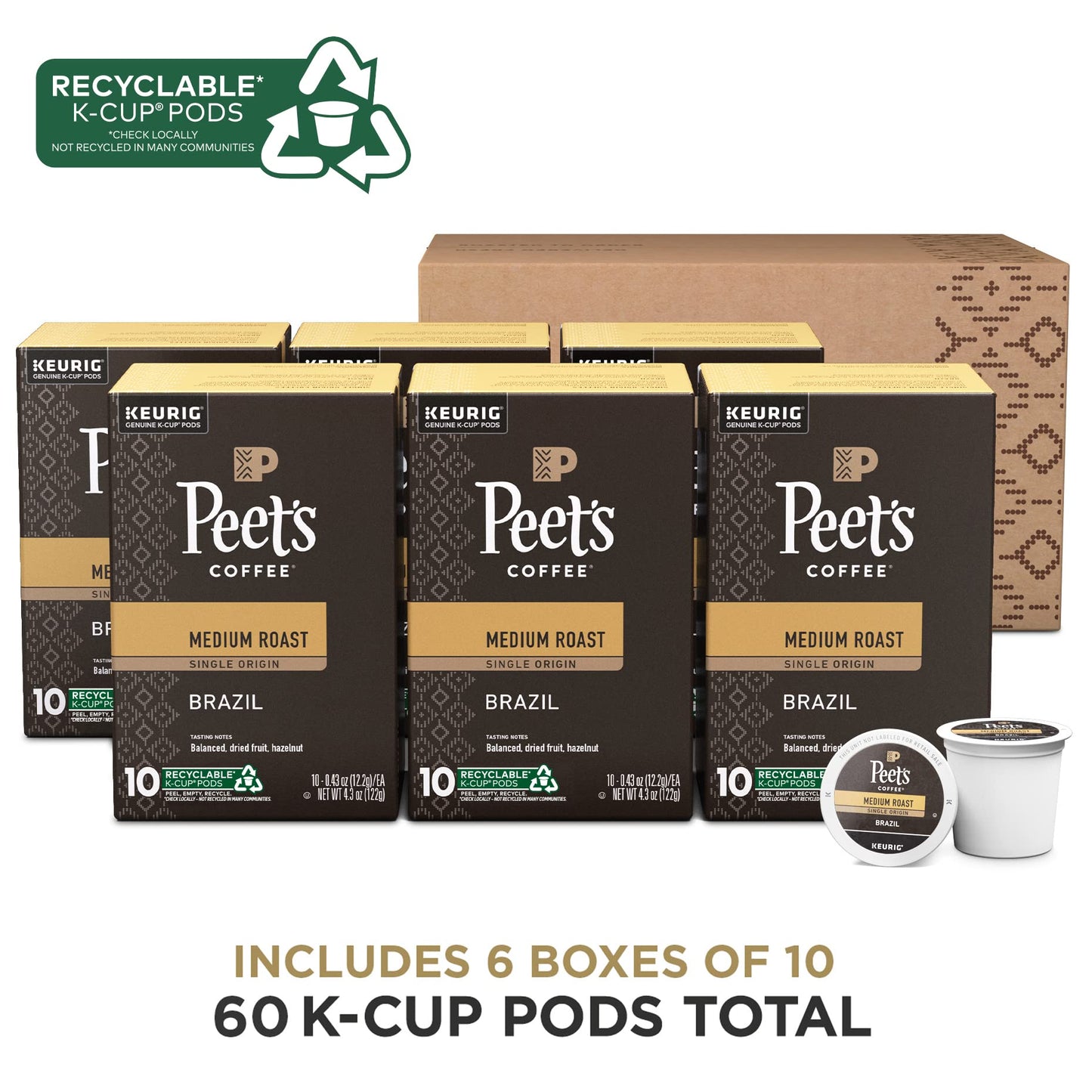 Peets Coffee Medium Roast K-Cup Pods - Single Origin Brazil - 60 Count (6 Boxes of 10 Pods) - Model 506955