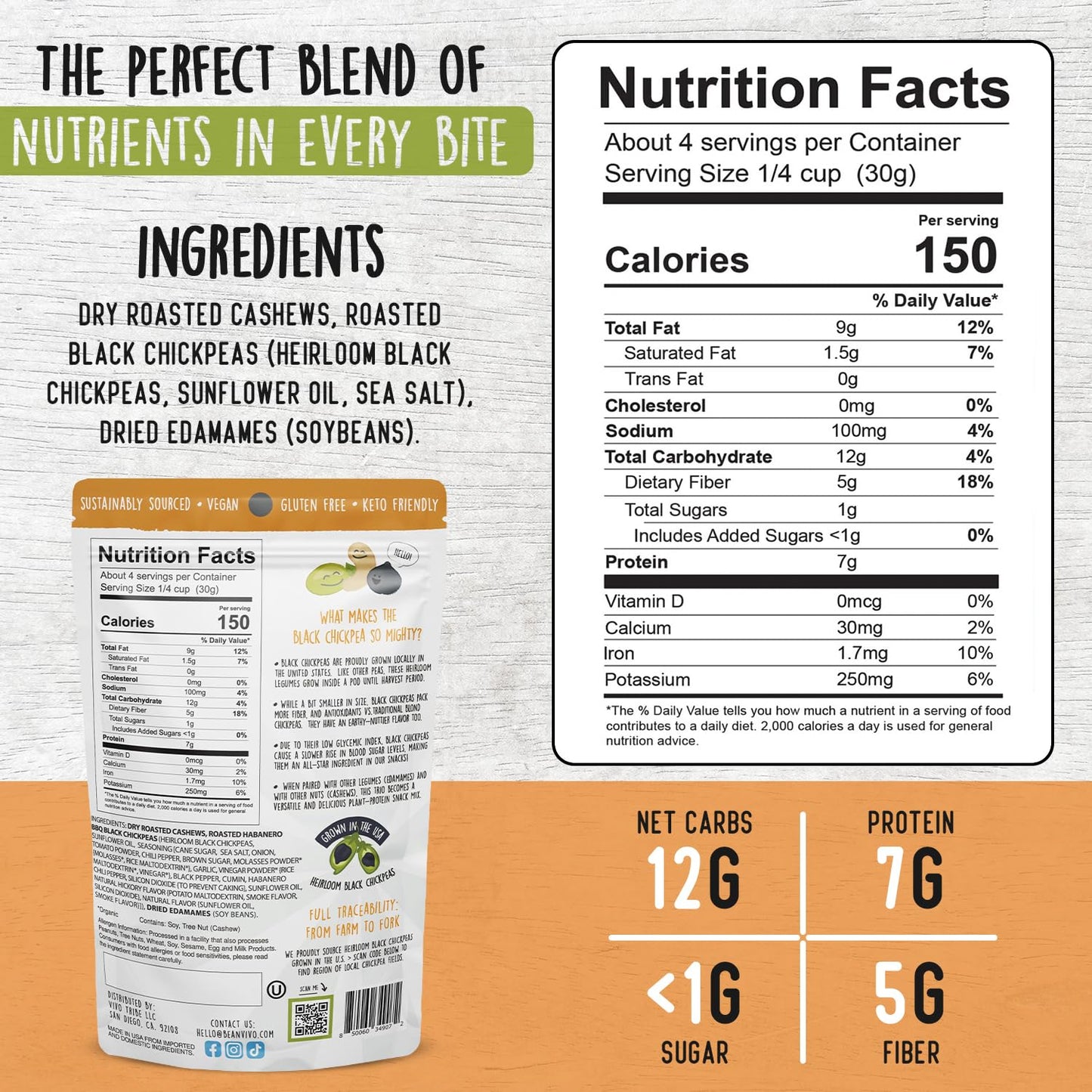 BeanVIVO Plant Based Protein Snacks - (7 Gram Protein) Habanero BBQ Flavor with Dried Edamame, Roasted Cashew and Chickpeas - No