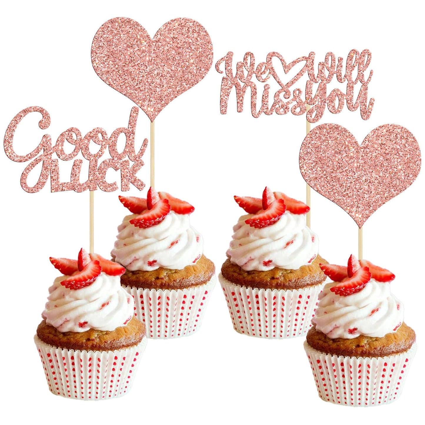 Gyufise Cupcake Toppers, 36Pcs Rose Gold Glitter Heart Picks, Paper Decorations for Retirement and Going Away Parties, Small Size