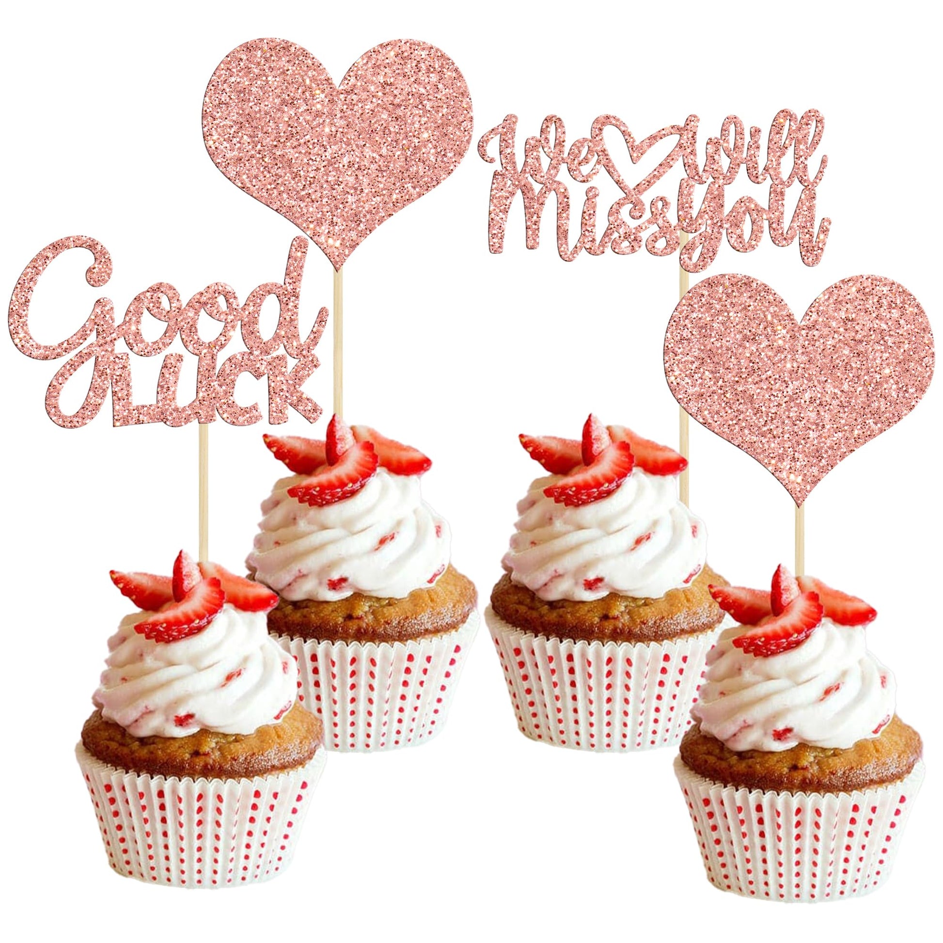 Gyufise Cupcake Toppers, 36Pcs Rose Gold Glitter Heart Picks, Paper Decorations for Retirement and Going Away Parties, Small Size