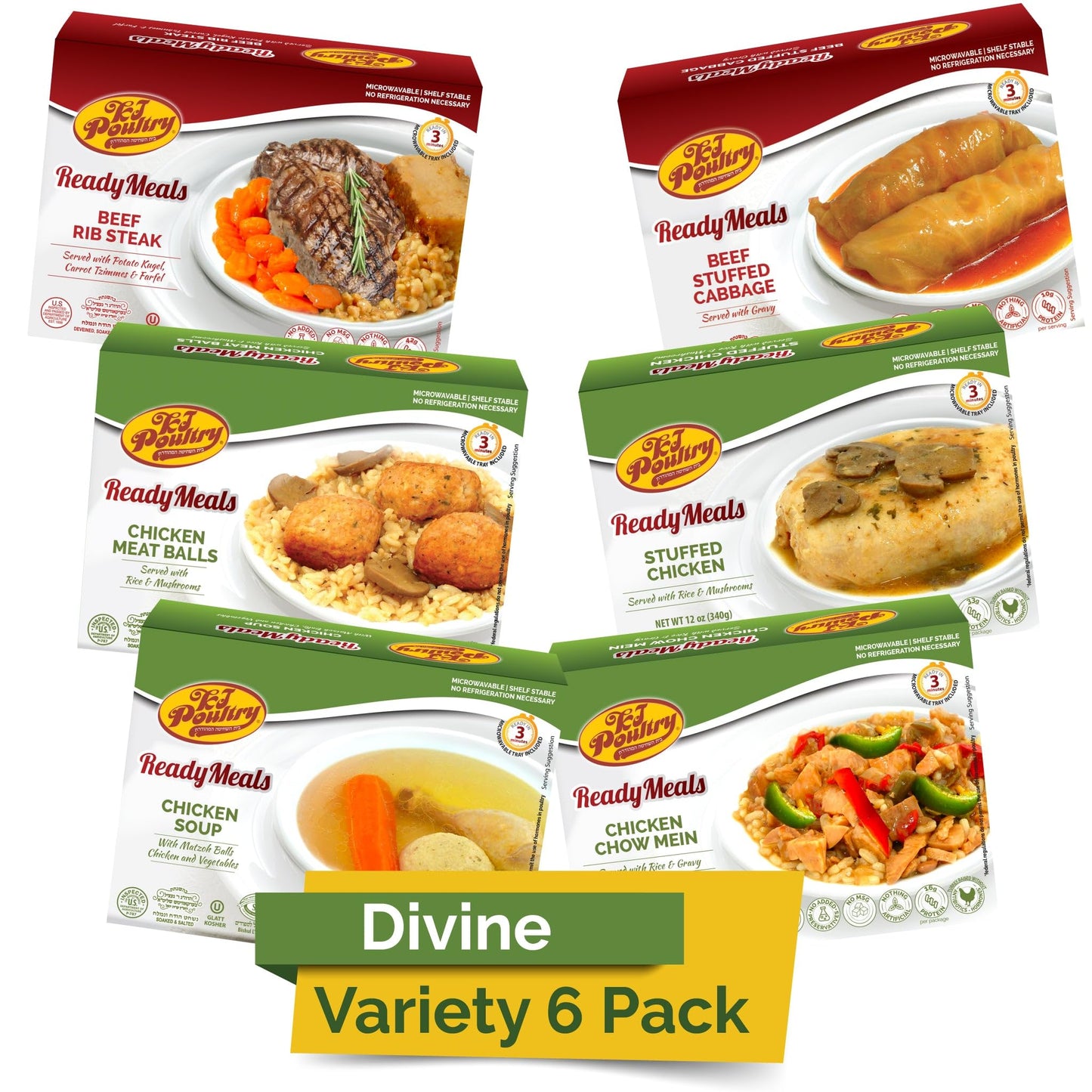 Kj Poultry Kosher Ready Meals - (6 Pack Divine Variety - Beef & Chicken) Prepared Entree Fully Cooked, Shelf Stable Microwave Dinner Travel Military Camping Emergency Survival Protein