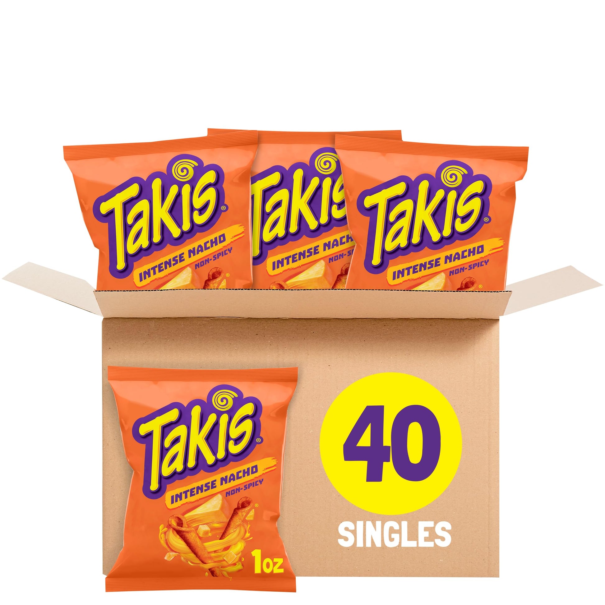 Takis Intense Nacho 40 pc / 1 oz Multipack - Cheddar Cheese Flavored Non-Spicy Rolled Tortilla Chips - Individual Bags, Perfect 