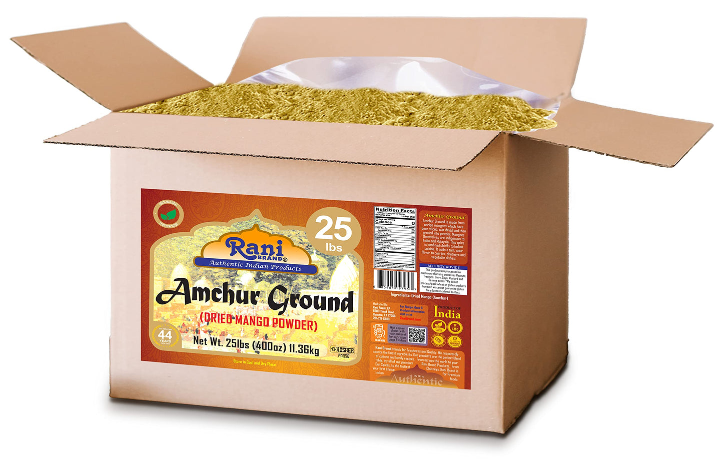Rani Amchur Ground Powder Spice, 25 lbs, All Natural, Vegan, Gluten Friendly, NON-GMO, Kosher, Indian Origin