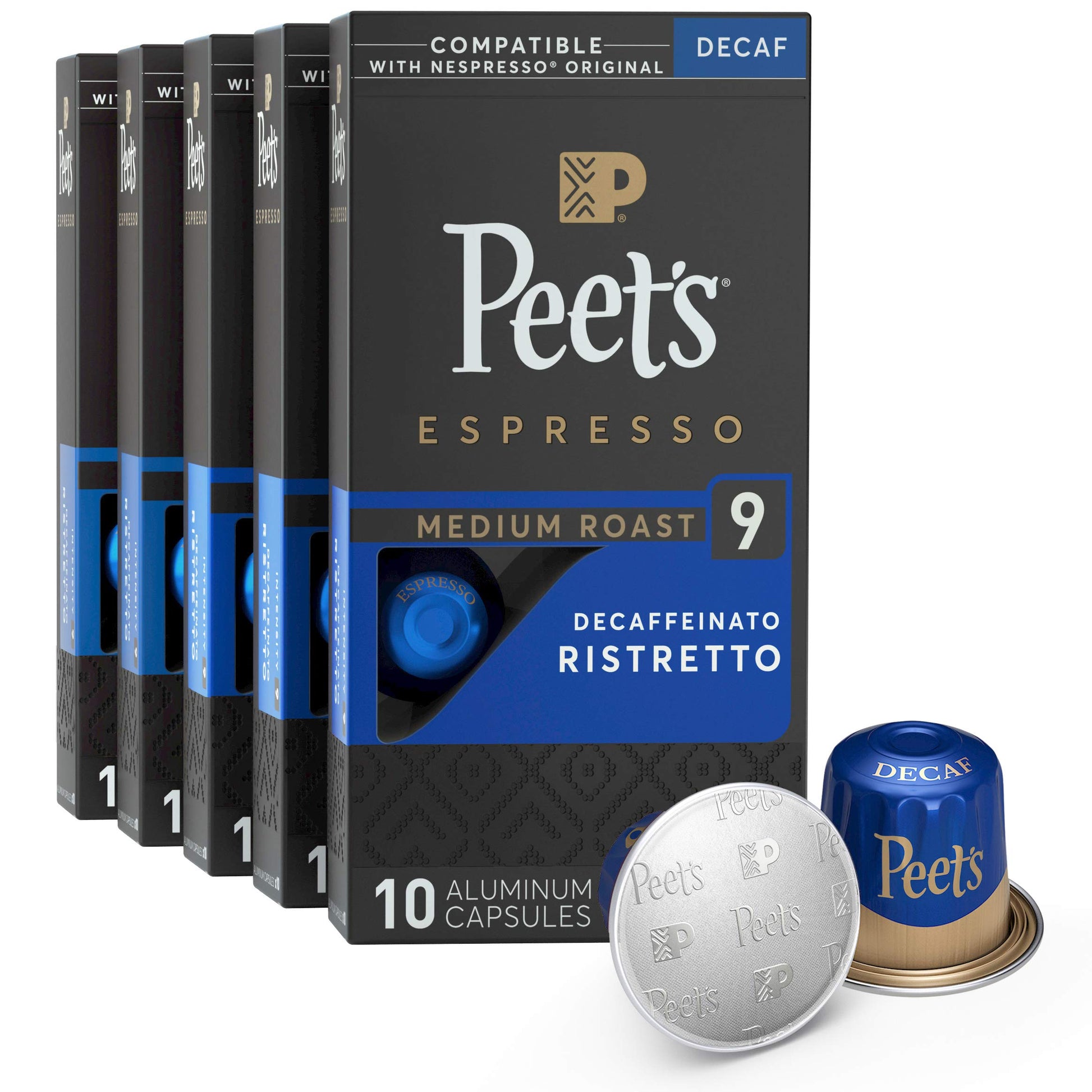 Peets Coffee Medium Roast Decaf Espresso Capsules, Ristretto Intensity 10, 50 Count (5 Boxes of 10)