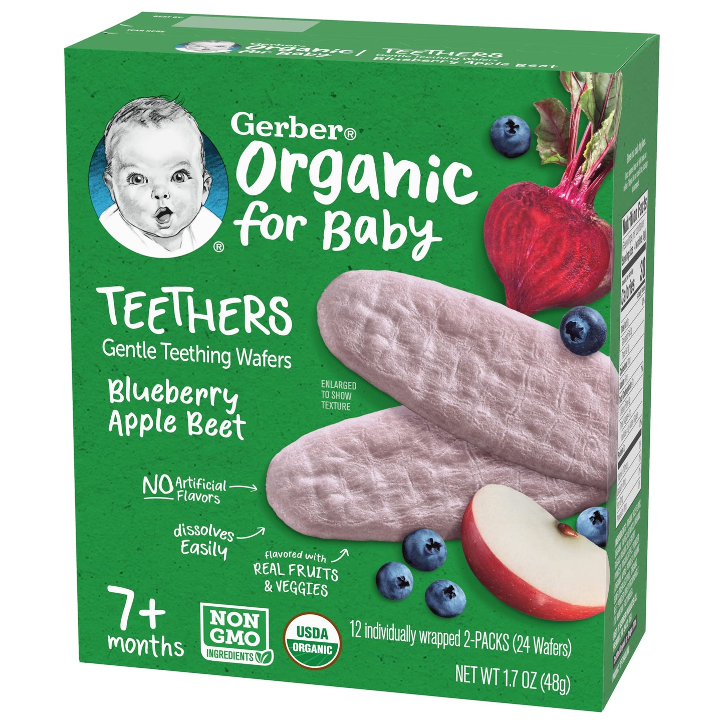Gerber Organic For Baby Teethers, Blueberry Apple Beet, Gentle Teething Wafers, Non-Gmo Ingredients, 12 Individually Wrapped 2-P