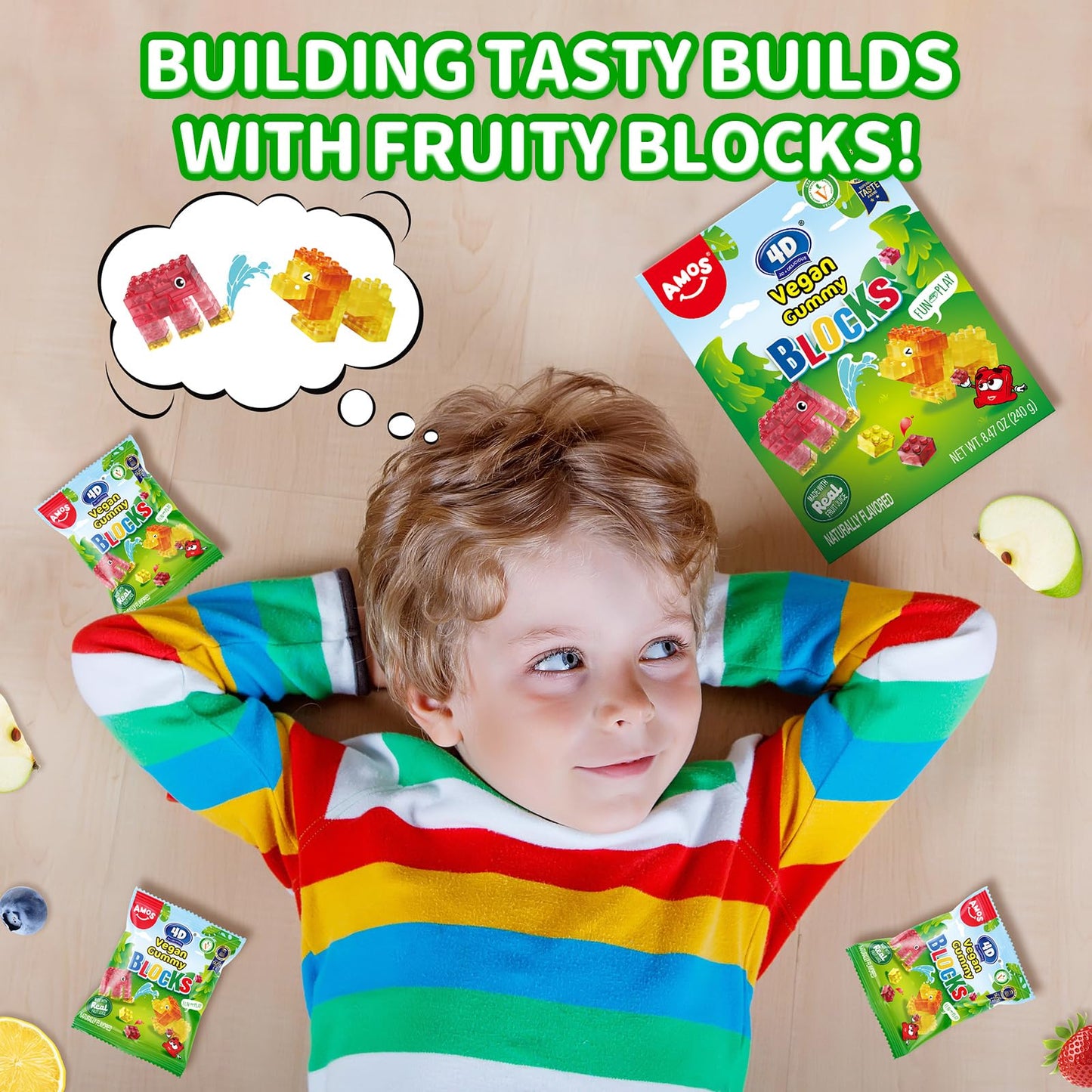 AMOS 4D Vegan Gummy Blocks Candy - Assorted Fruit Flavors  Made with Real Juice  Fun-to-Build Edible Blocks  Fat-Free  (8.47 oz Pack of 1)