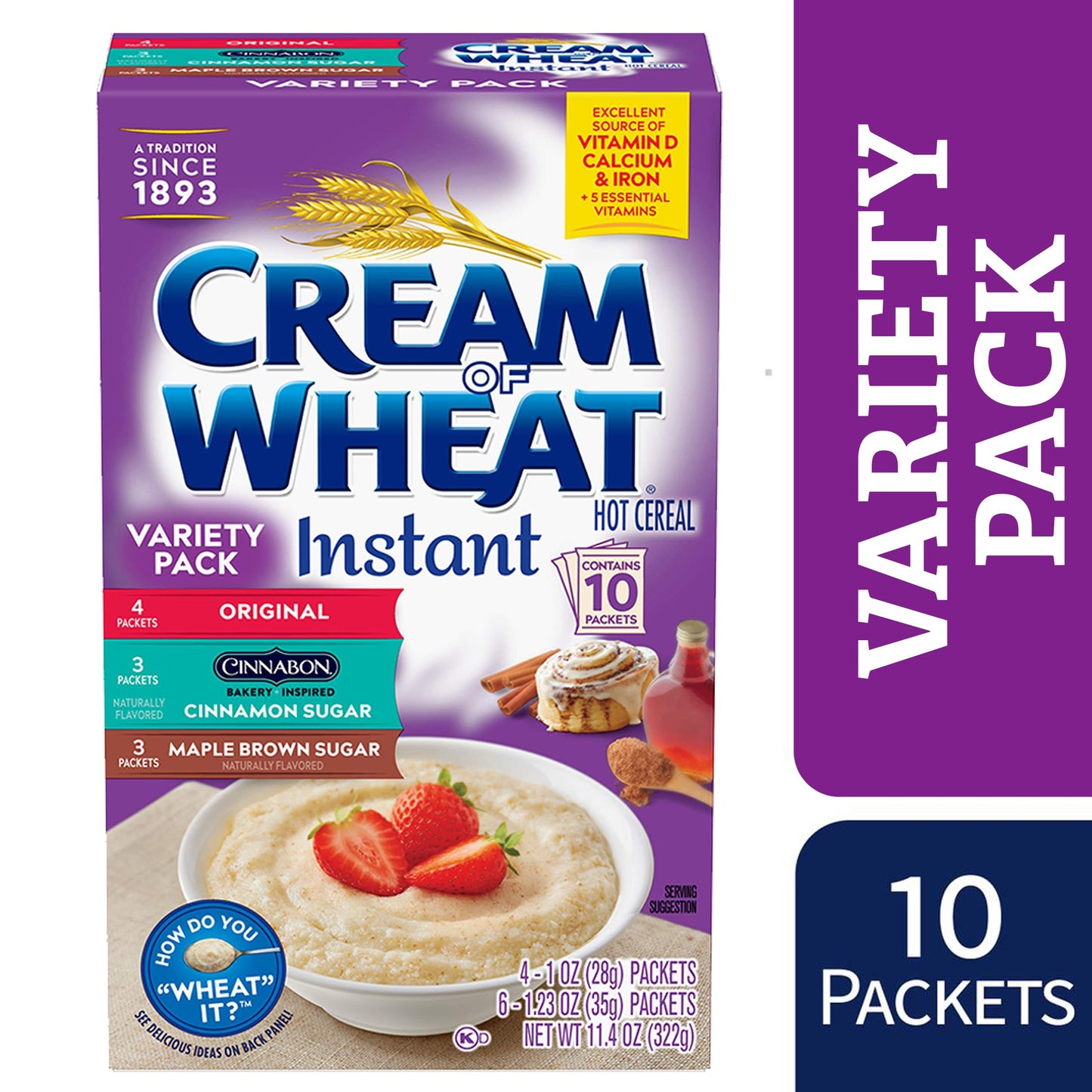 Cream Of Wheat Instant Hot Cereal, Three-Flavor Variety Pack, Box Of 10 Packets