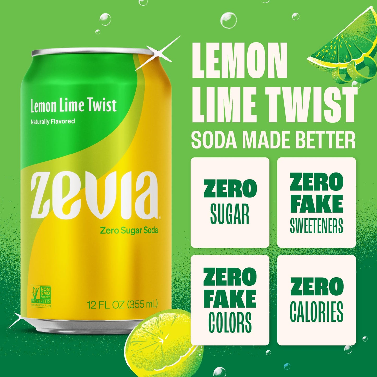 Zevia Zero Sugar Soda, Lemon Lime Twist, 12 oz Cans (24-Pack) - Naturally Sweetened, Non-GMO Project Verified, Gluten-Free, Vega