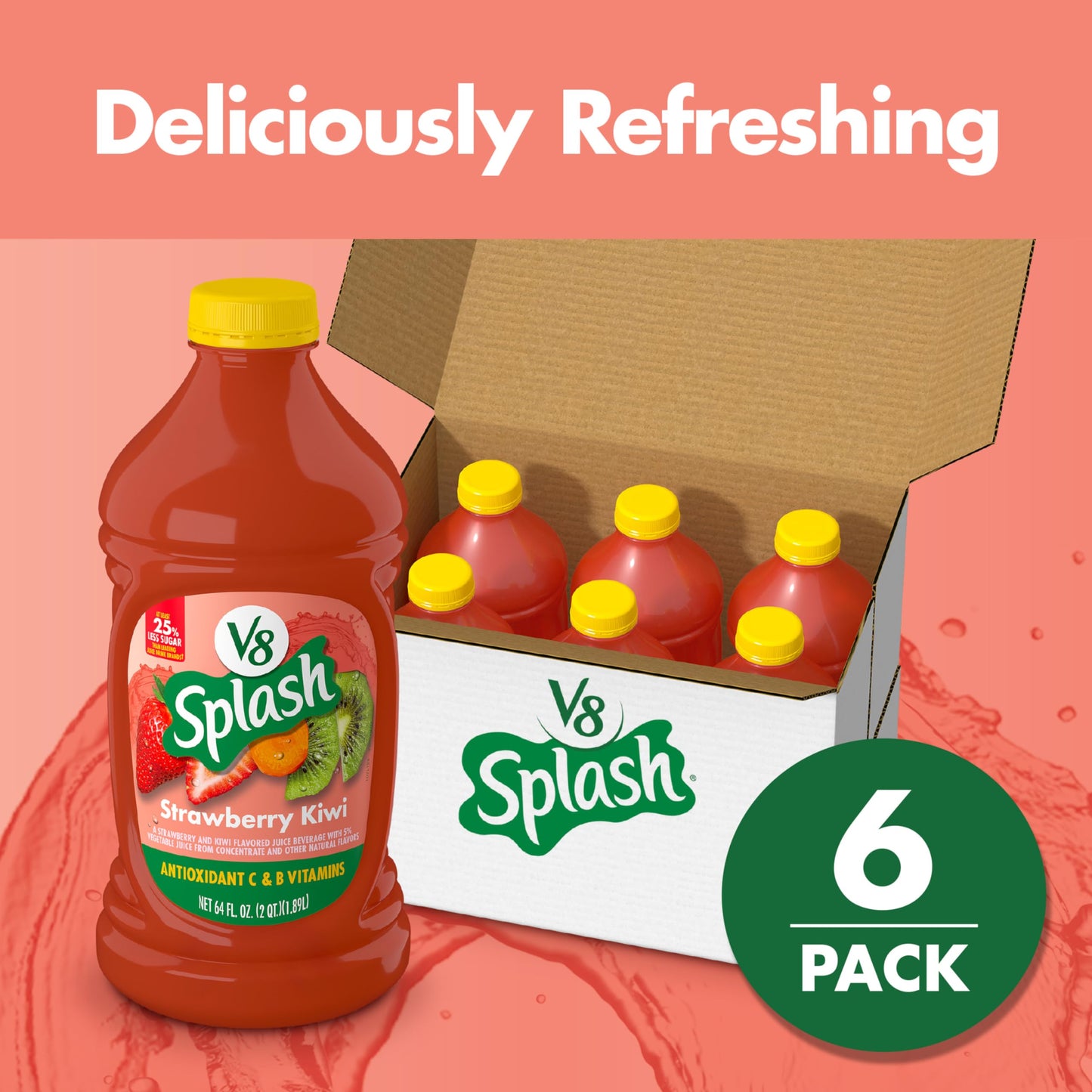 V8 Splash Strawberry Kiwi Juice Beverage, 64 fl oz Bottle, Pack of 6