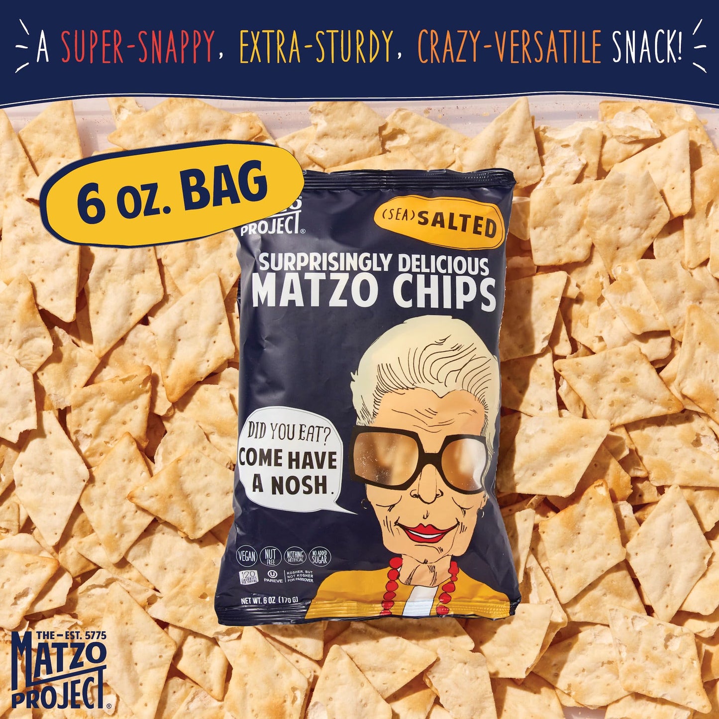 THE MATZO PROJECT Matzo Chips, Salted, Kosher, Vegan, Nut-Free, 6 Ounce (Pack of 3)