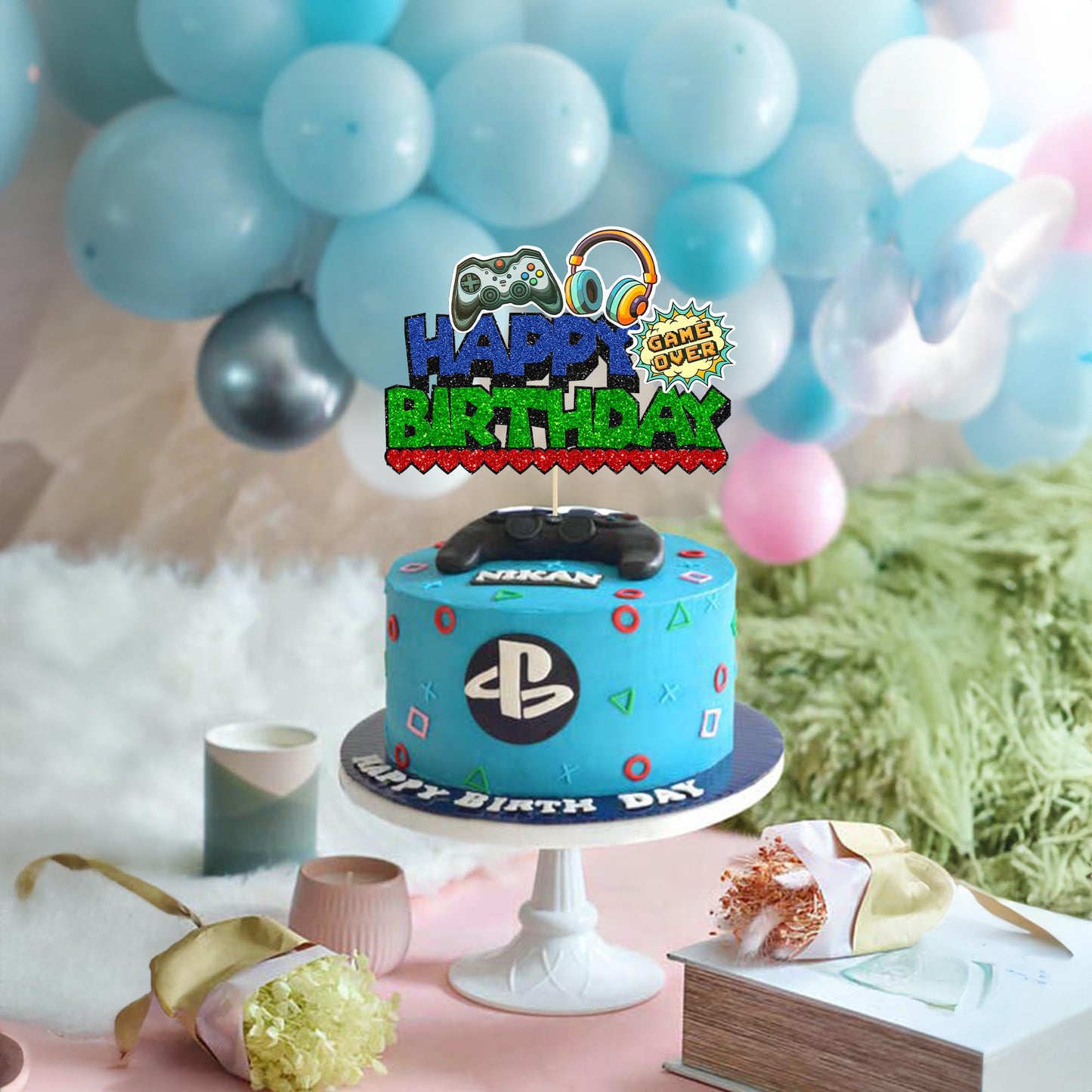 Ephlyn 1Pcs Video Game Happy Birthday Cake Topper Glitter Video Game Cake Pick Game On Controllers Gamepad Cake Decoration For G