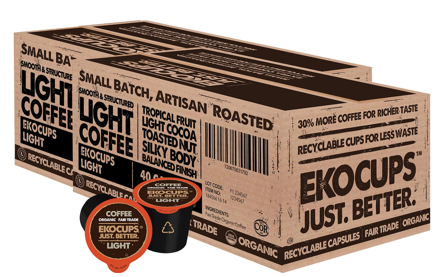 Ekocups Organic Light Roast Coffee Pods, Extra 30% More Coffee Per Cup, Artisan Fair Trade Gourmet Coffee Pods, Light Roast Coff