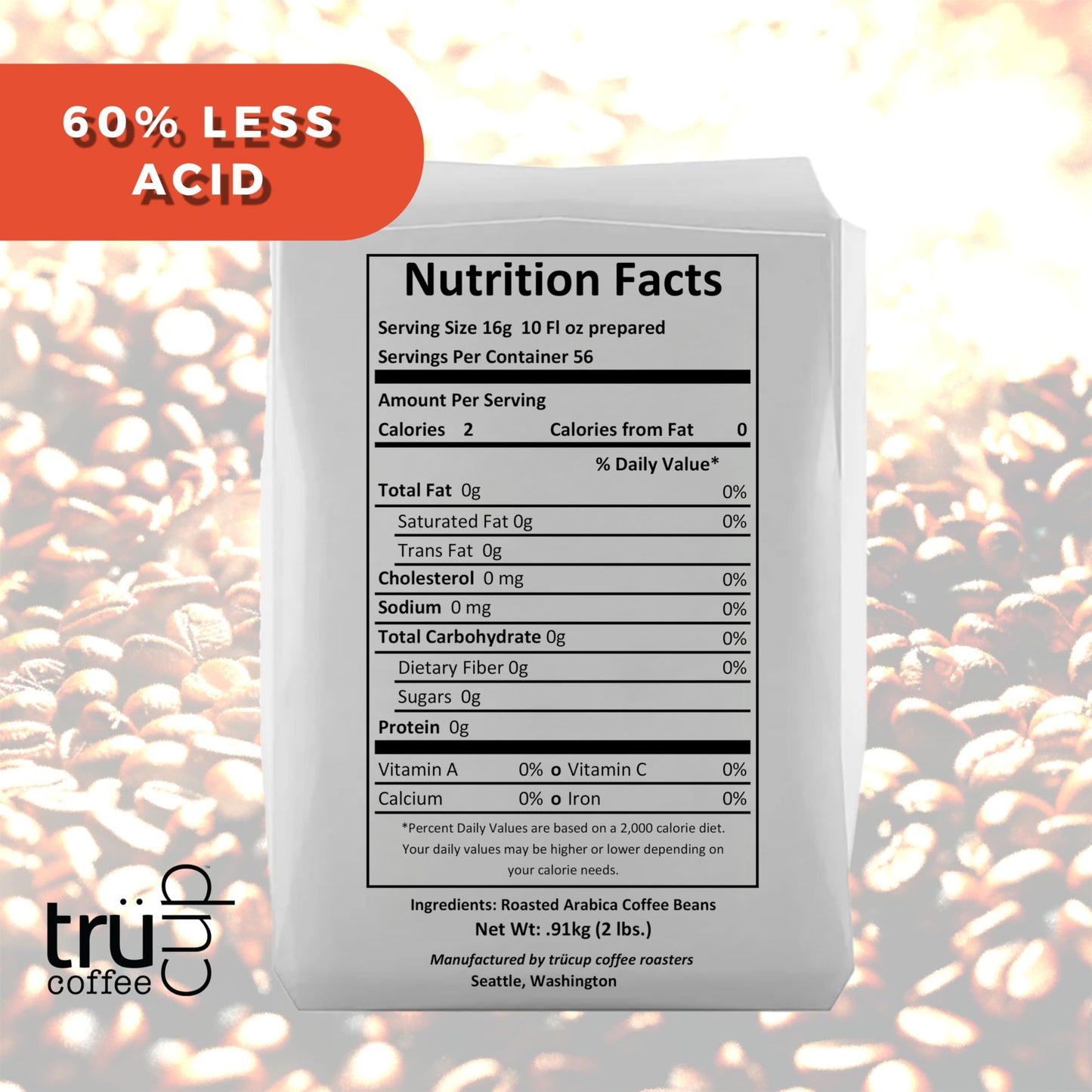 TRUCUP Low Acid Ground Coffee, Medium Roast, Drip Grind, 32 Oz, Stomach-Friendly, Smooth Flavor