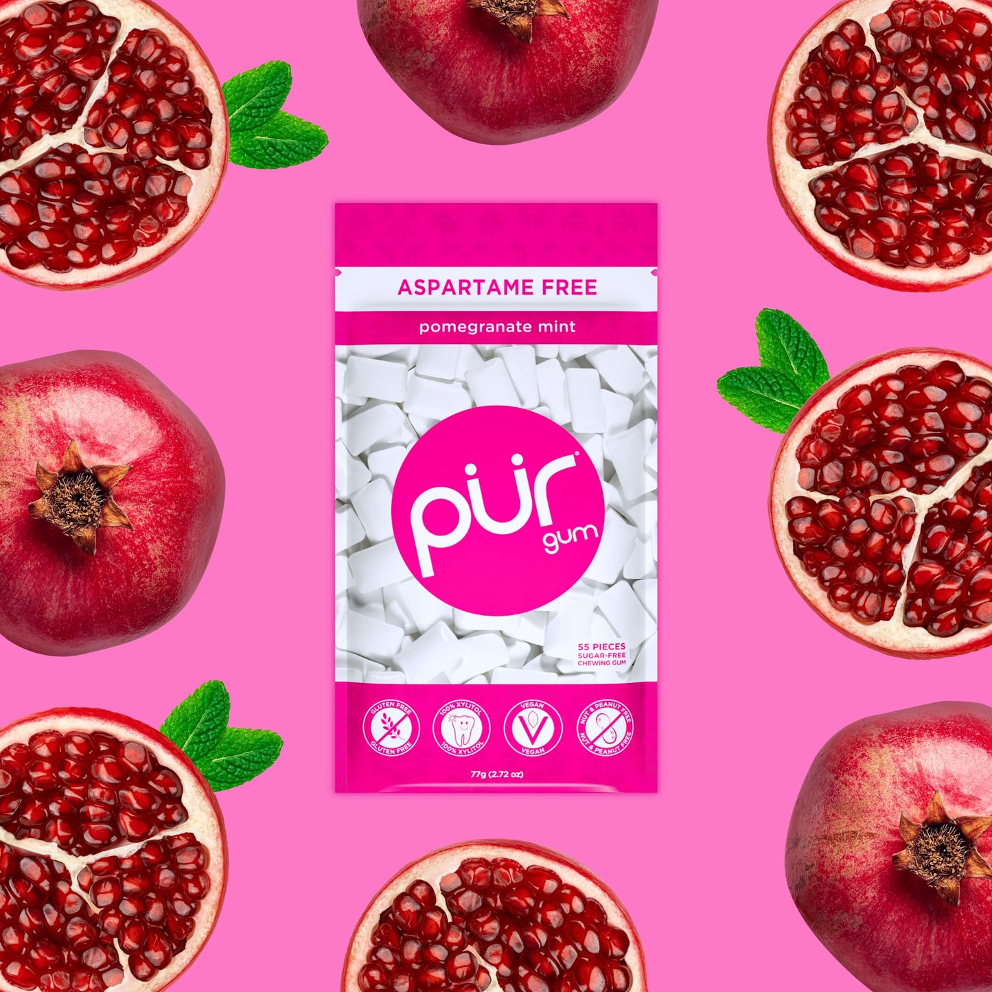 Pur Gum | Aspartame Free Chewing Gum | 100% Xylitol | Natural Pomegranate Mint Flavored Gum, 55 Pieces (Pack Of 3)