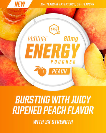 GRINDS Energy Pouches - Natural Caffeine with B-Vitamins - Peach - 15 Count (Pack of 6) - Sugar-Free, 0 Calories, 80mg Caffeine Each
