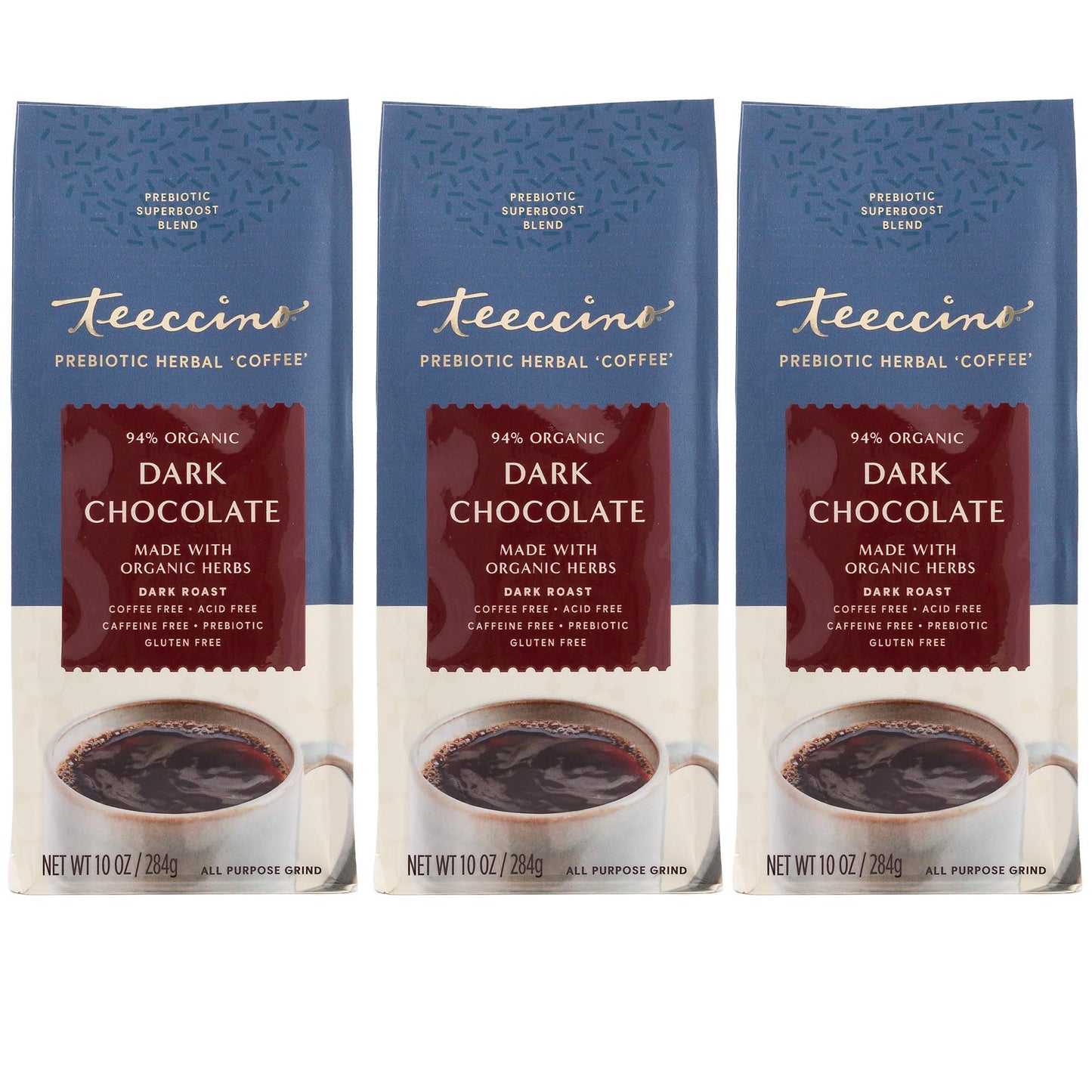 Teeccino Dark Chocolate Coffee Alternative, Caffeine-Free, 3 Vegan Prebiotics, 10 Ounce, Pack of 3
