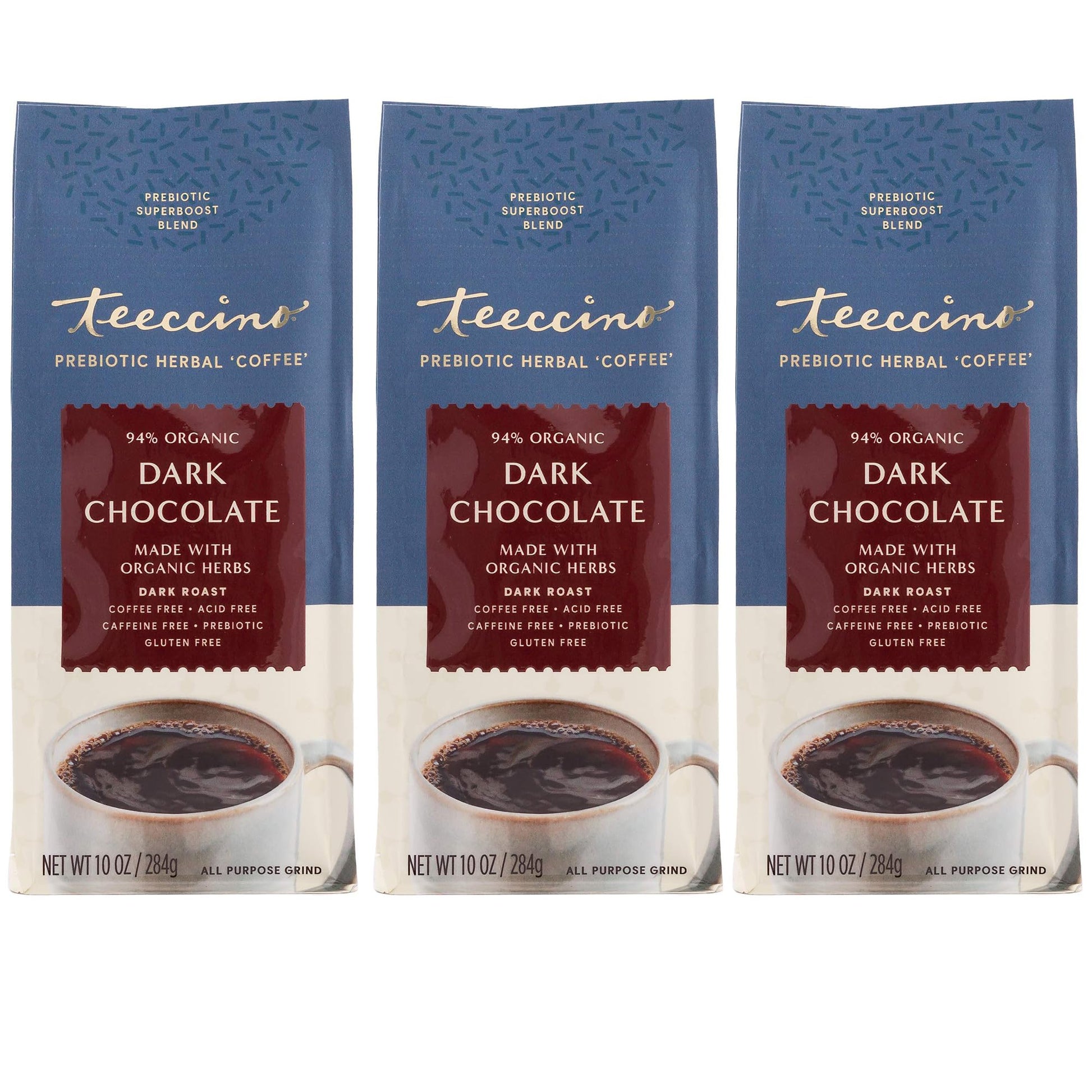Teeccino Dark Chocolate Coffee Alternative, Caffeine-Free, 3 Vegan Prebiotics, 10 Ounce, Pack of 3
