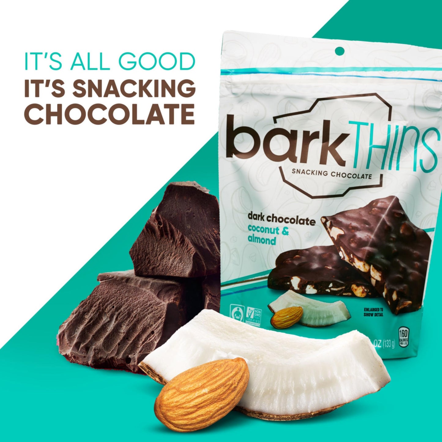 Barkthins Dark Chocolate Coconut And Almond Snacking Chocolate, Fair Trade, Non Gmo, 47 Oz Bag