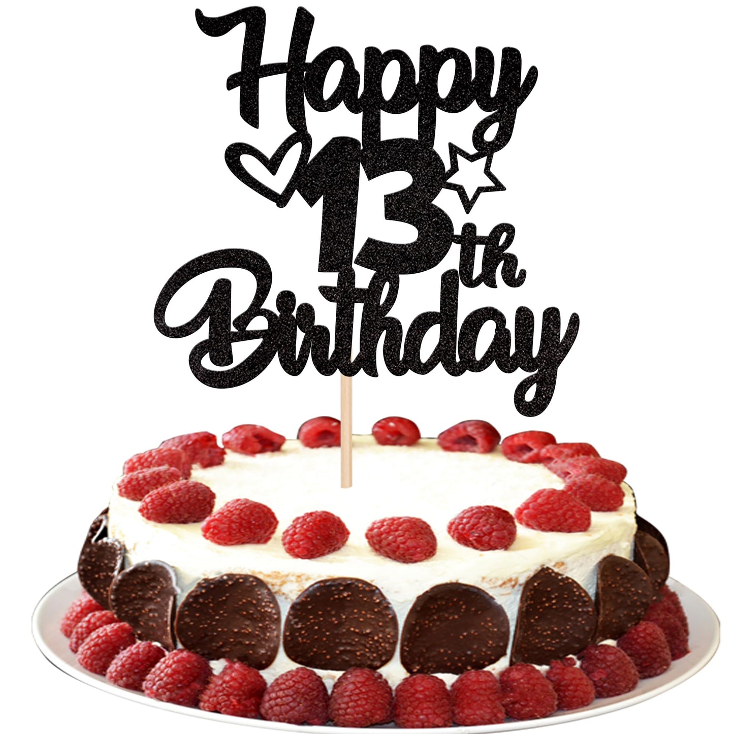 YCTHUNFISH Birthday Cake Topper Glitter Heart Star 13, Black, 1 Pack, Ideal for 13th Birthday Theme Party Decorations