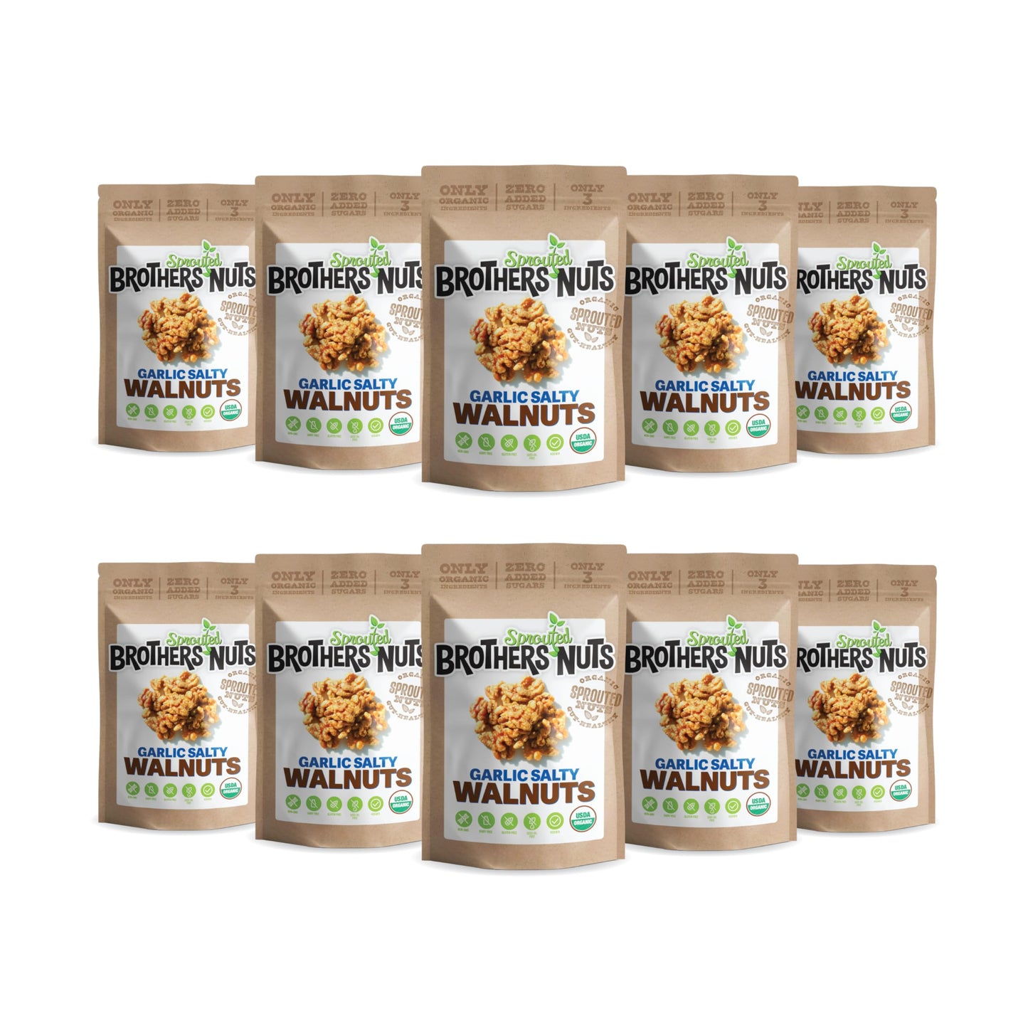 Brothers Sprouted Nuts Garlic Salty Walnuts - Organic, Vegan, Gluten-Free - 6 oz (Pack of 10)