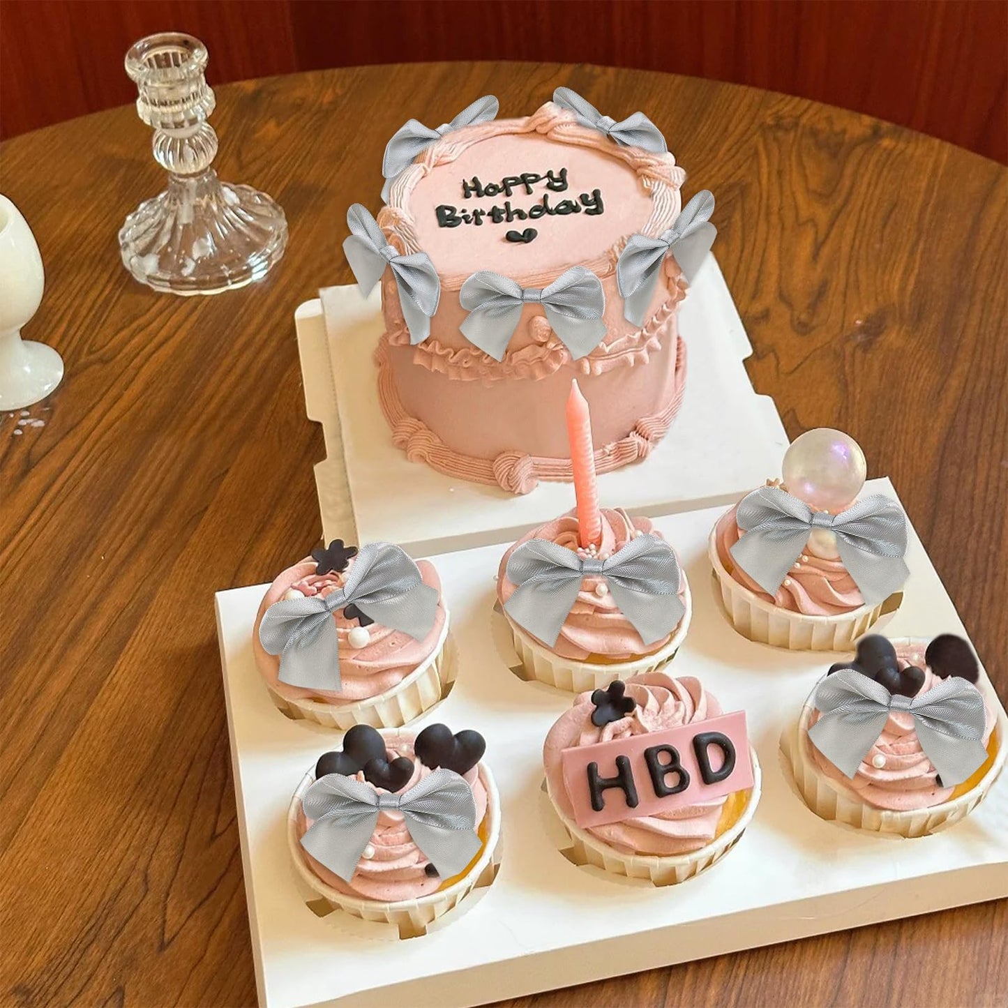 Keaziu 20 Pack Bow Cupcake Toppers, Fabric & Card, Gray 2, Birthday & Wedding Party Decorations