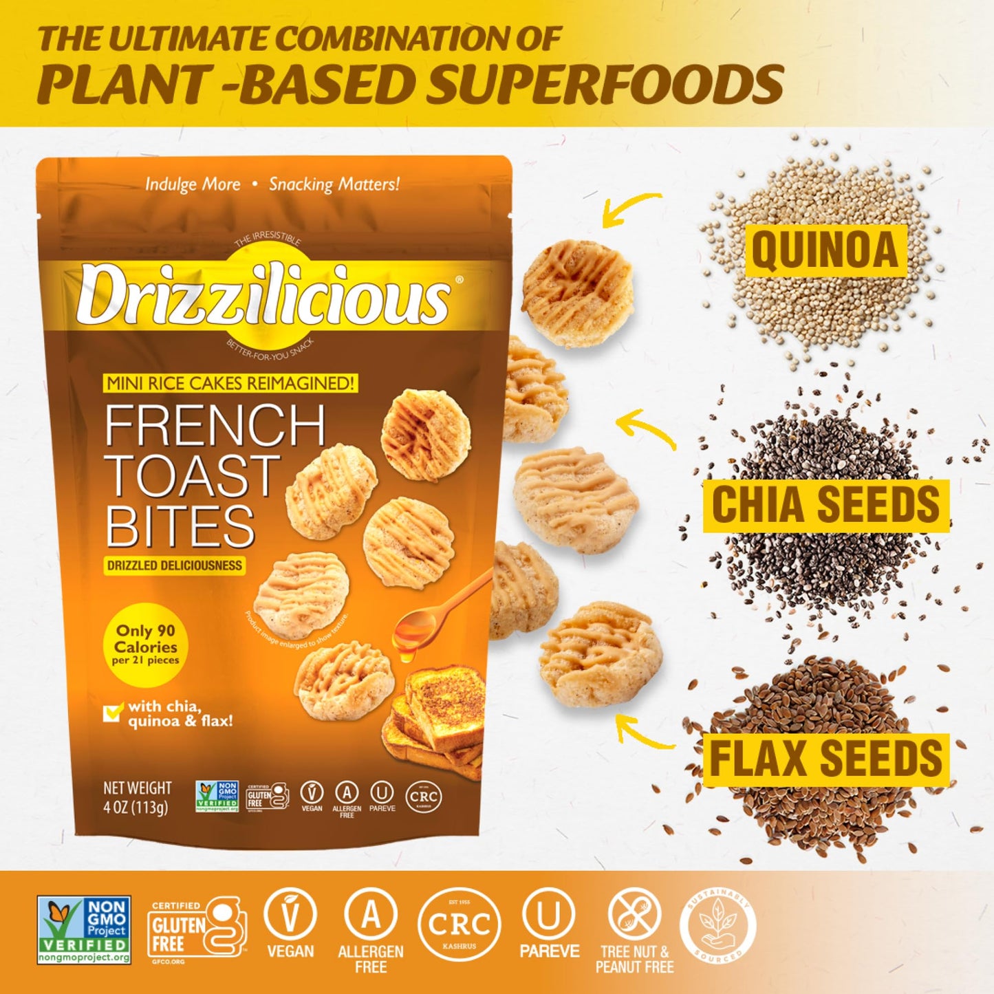 Drizzilicious Mini Rice Cakes, French Toast Flavor - Healthy Vegan Snack, 4 oz, Gluten-Free, Only 90 Calories Per Serving