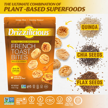 Drizzilicious Mini Rice Cakes - French Toast Flavor, Vegan, Gluten Free, 4 oz Pack, Healthy Snack for Adults & Kids