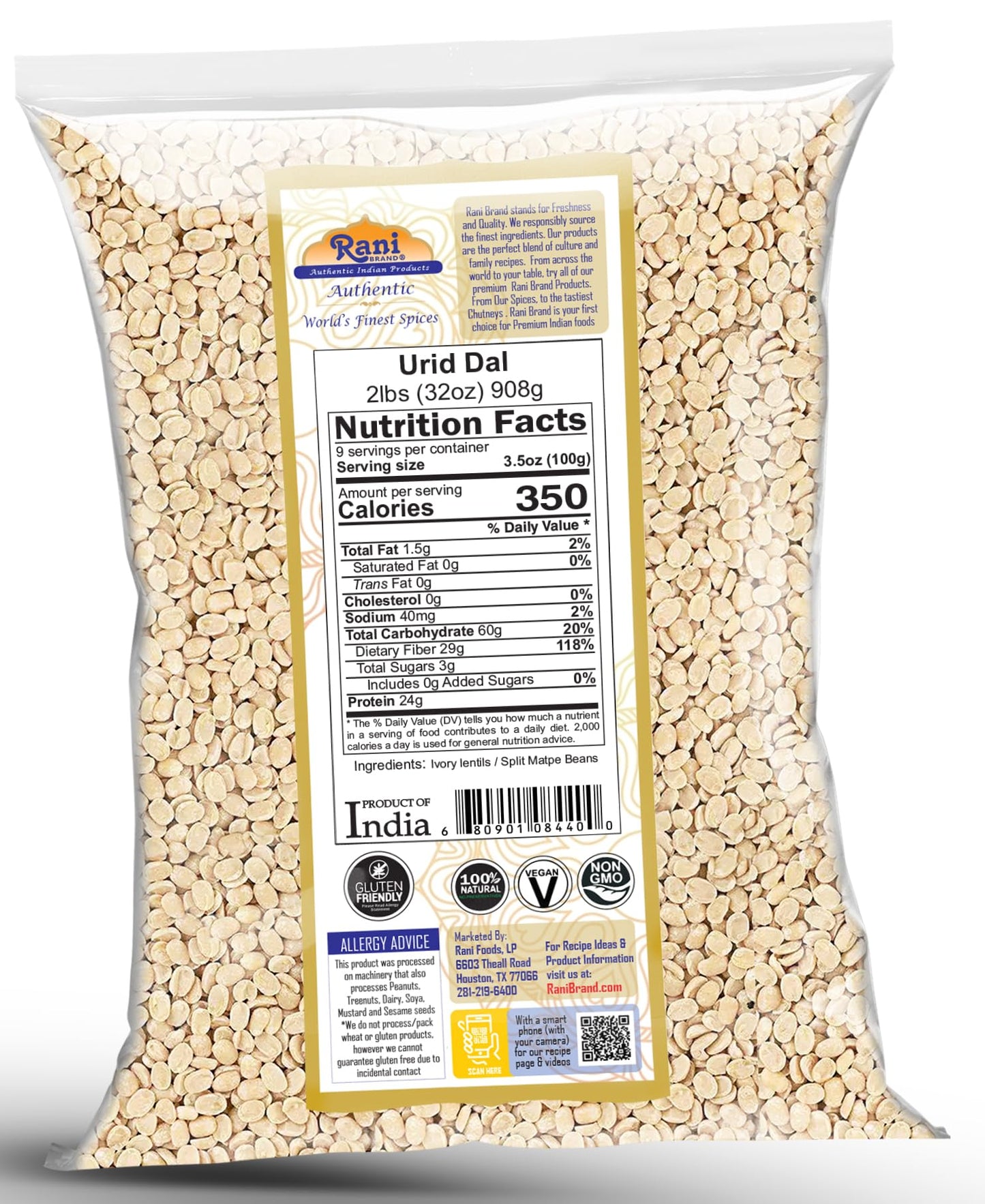 Rani Urid/Urad Dal (Split Matpe Beans Skinless) Indian Lentils 32Oz (2Lbs) 908G ~ All Natural | Gluten Friendly | Non-Gmo | Kosher | Vegan | Indian Origin